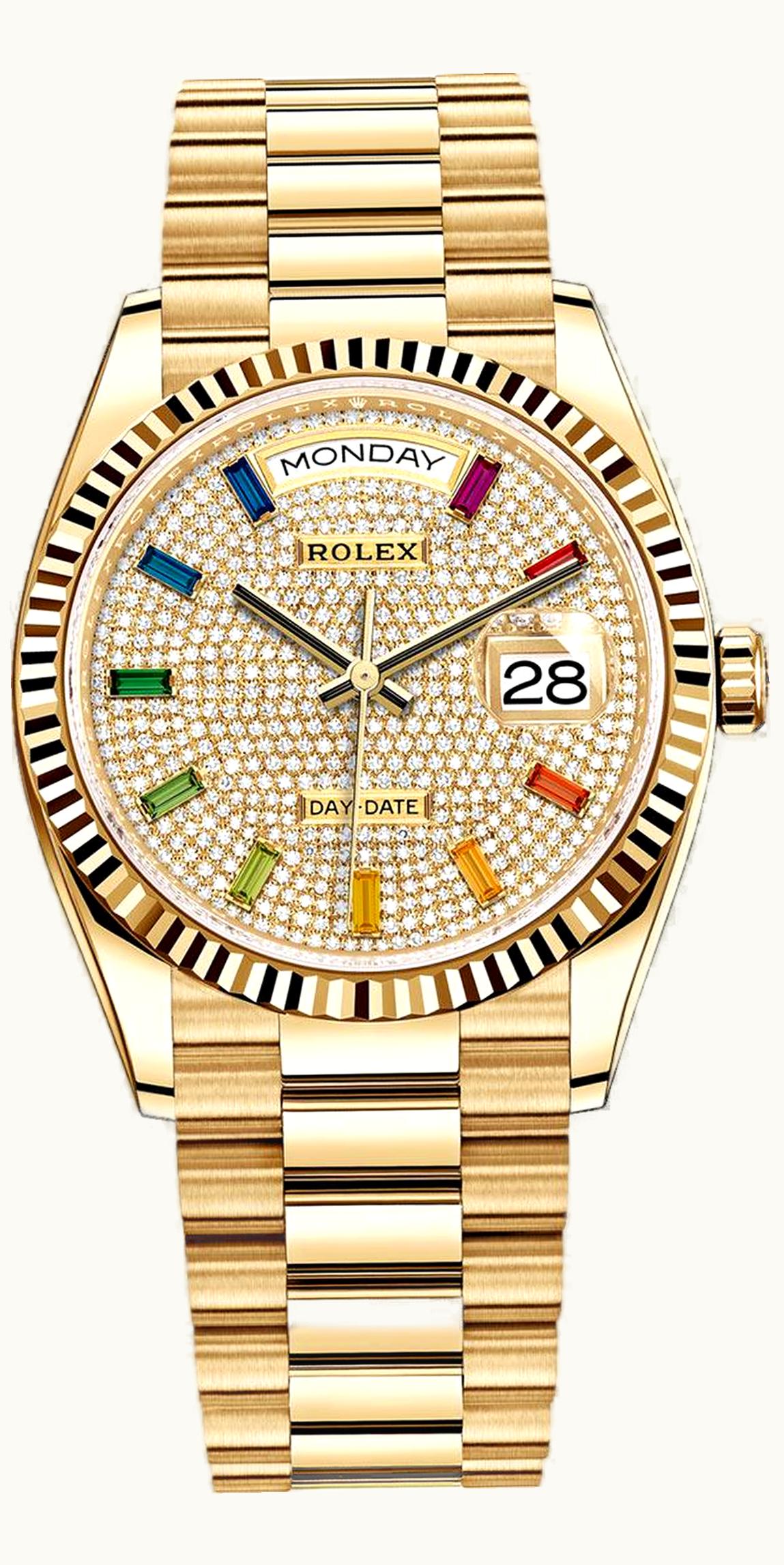 Rolex Day-Date 36 Yellow Gold / Fluted / Paved-Rainbow / President