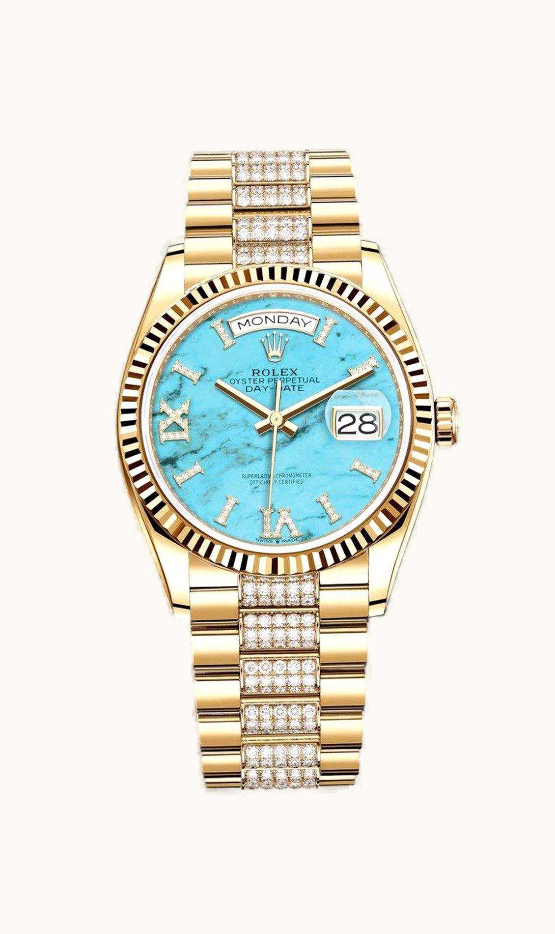 Rolex Day-Date 36 Yellow Gold / Fluted / Turquoise / President-Diamond