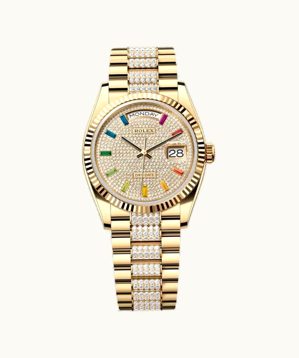 Rolex Day-Date 36 Yellow Gold / Fluted / Paved-Rainbow / President-Diamond