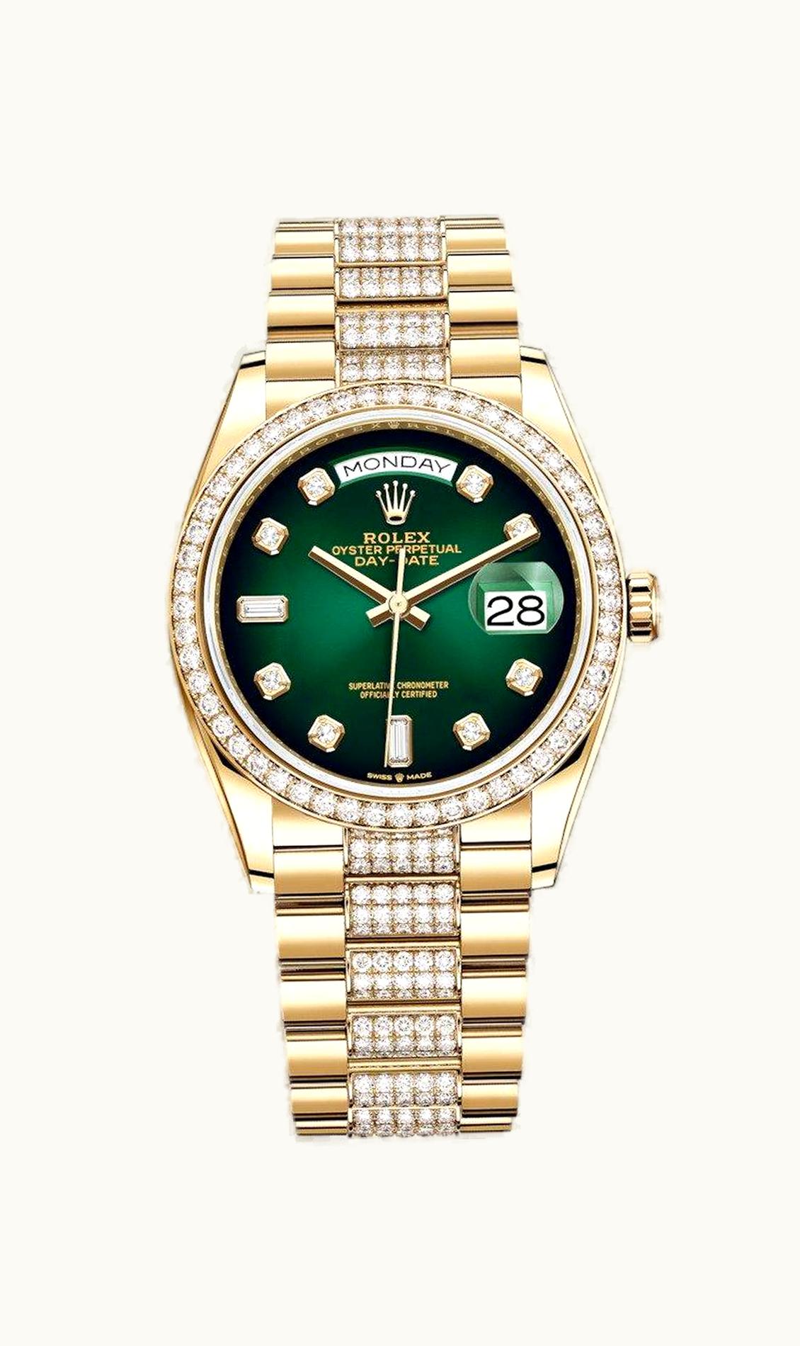 Rolex Day-Date 36 Yellow Gold / Diamond / Green Ombré-Diamond / President-Diamond