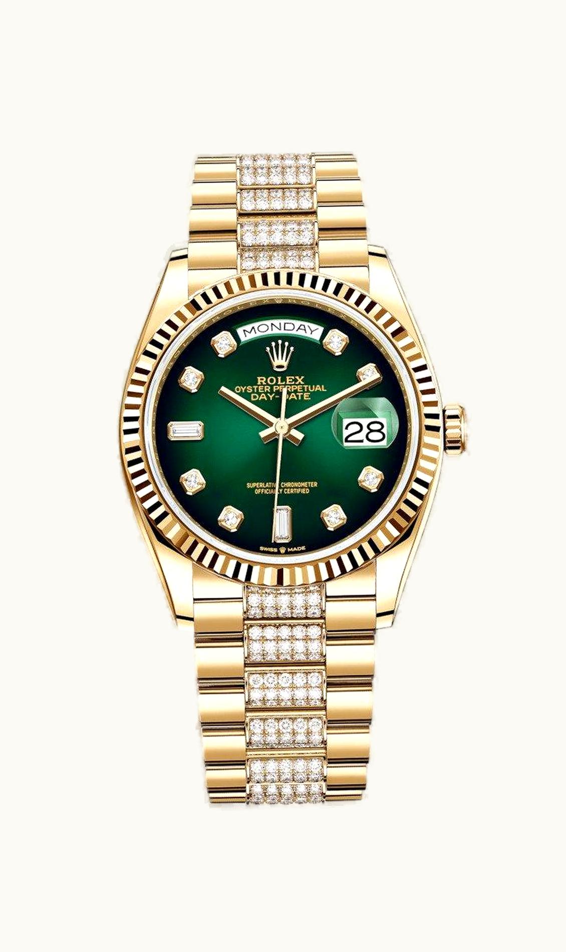 Rolex Day-Date 36 Yellow Gold / Fluted / Green Ombré-Diamond / President-Diamond