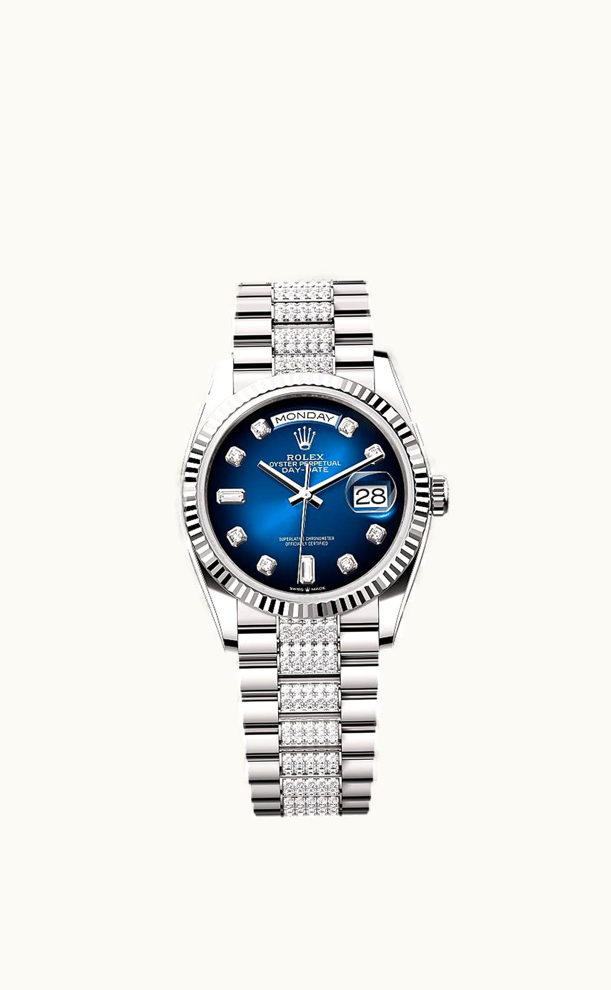 Rolex Day-Date 36 White Gold / Fluted / Blue Ombré-Diamond / President-Diamond