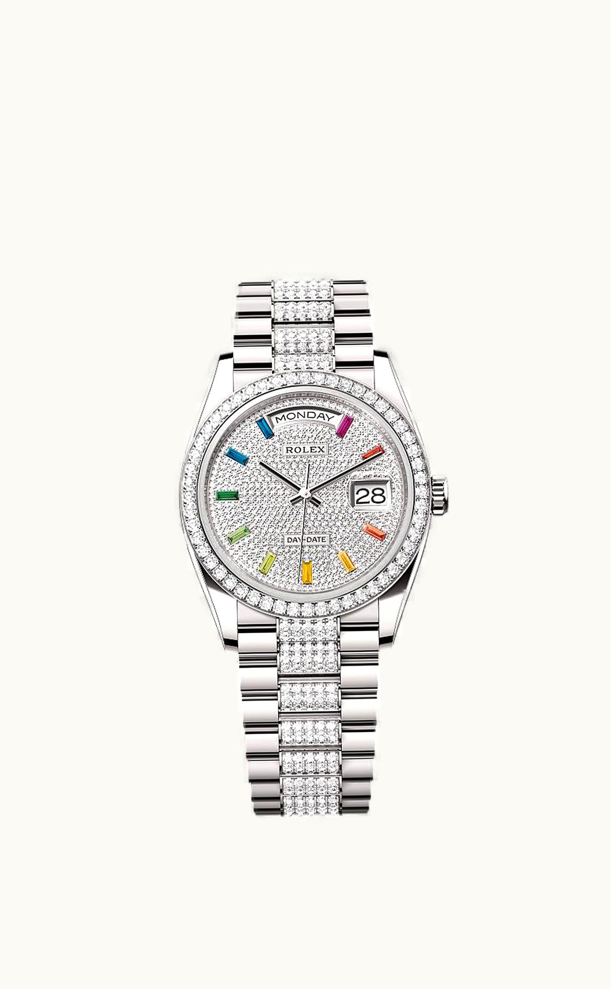 Rolex Day-Date 36 White Gold / Diamond / Paved-Rainbow / President-Diamond
