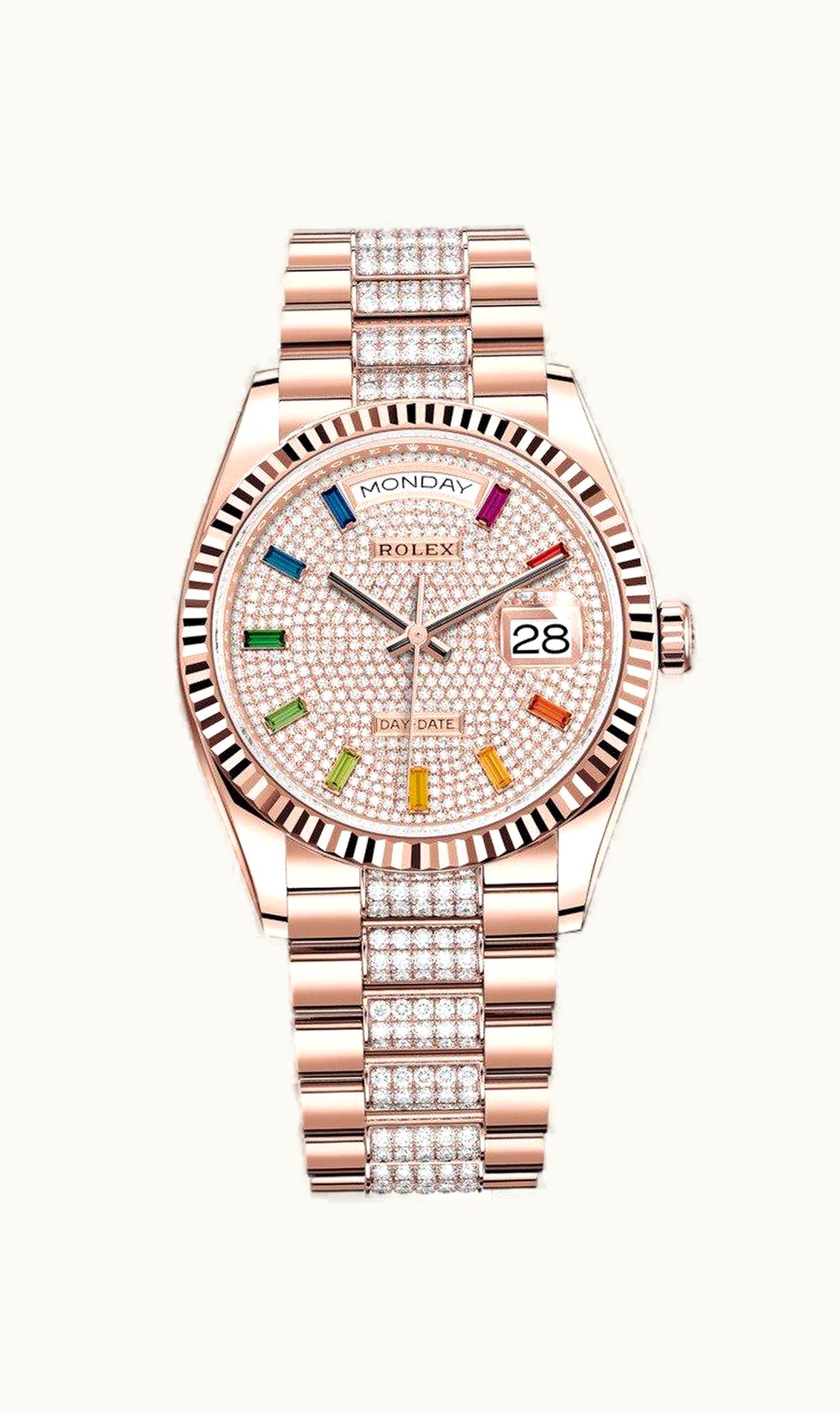 Rolex Day-Date 36 Everose Gold / Fluted / Paved-Rainbow / President-Diamond