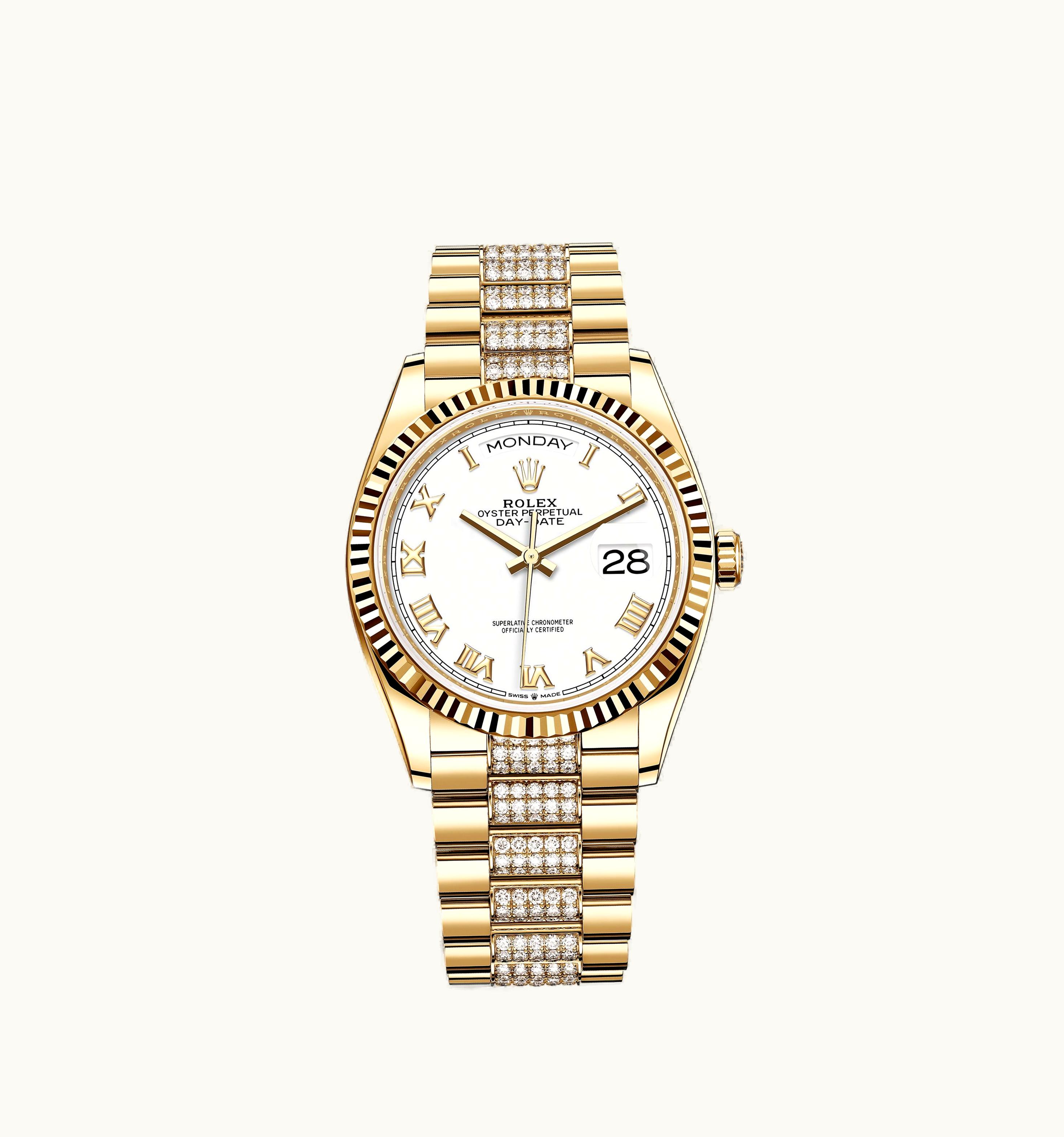 Rolex Day-Date 36 Yellow Gold / Fluted / White - Roman / President - Diamond