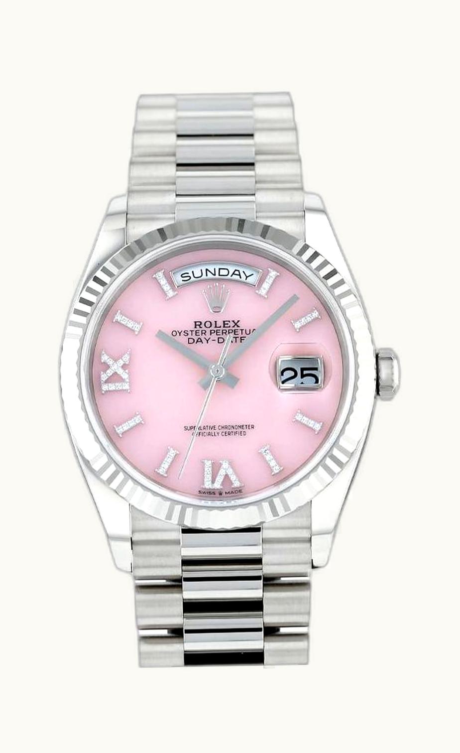 Rolex Day-Date 36 White Gold Fluted / White - Roman / President - Diamond