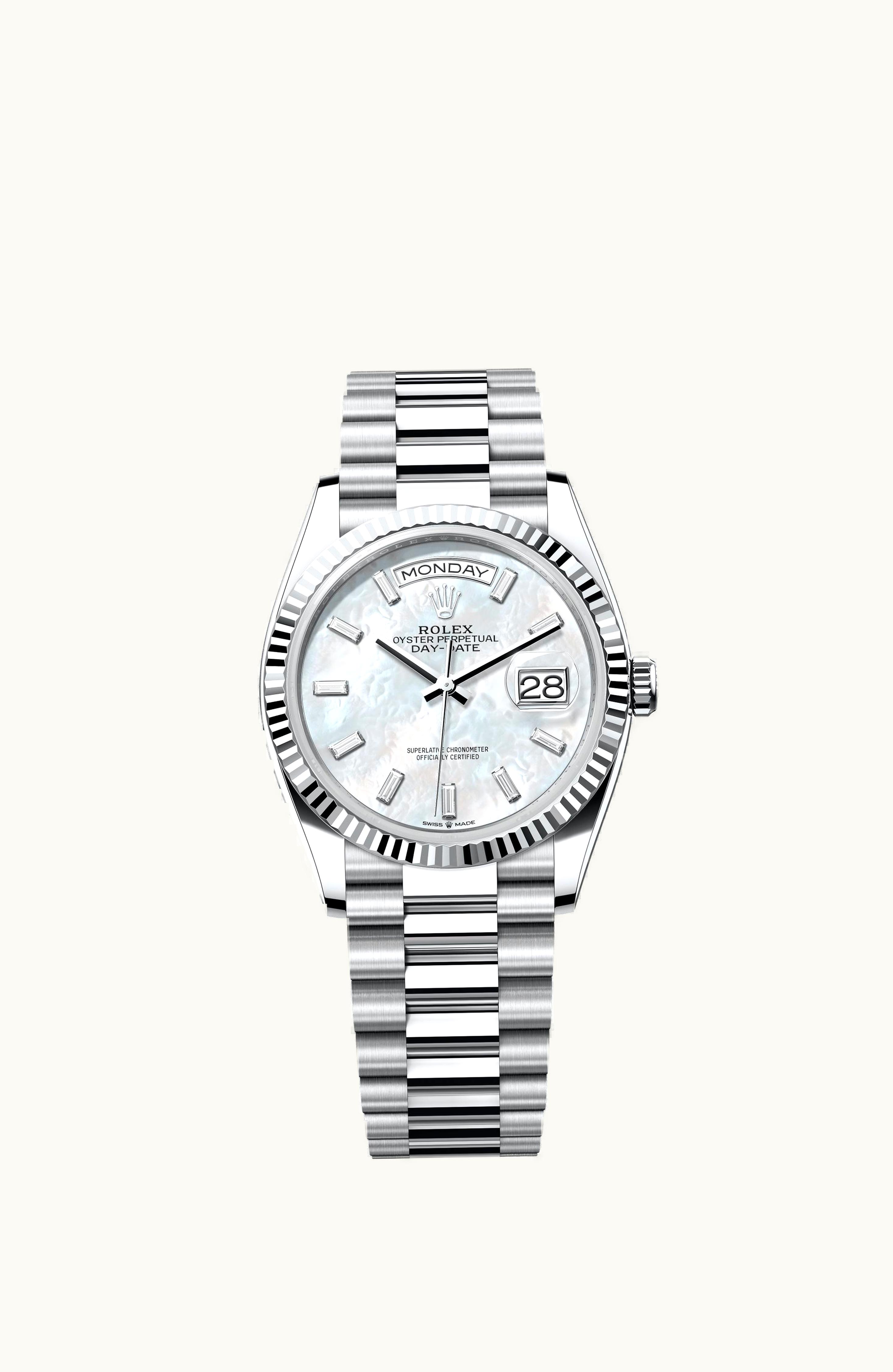 Rolex Day-Date 36 Platinum - Fluted / MOP - Baguette / President