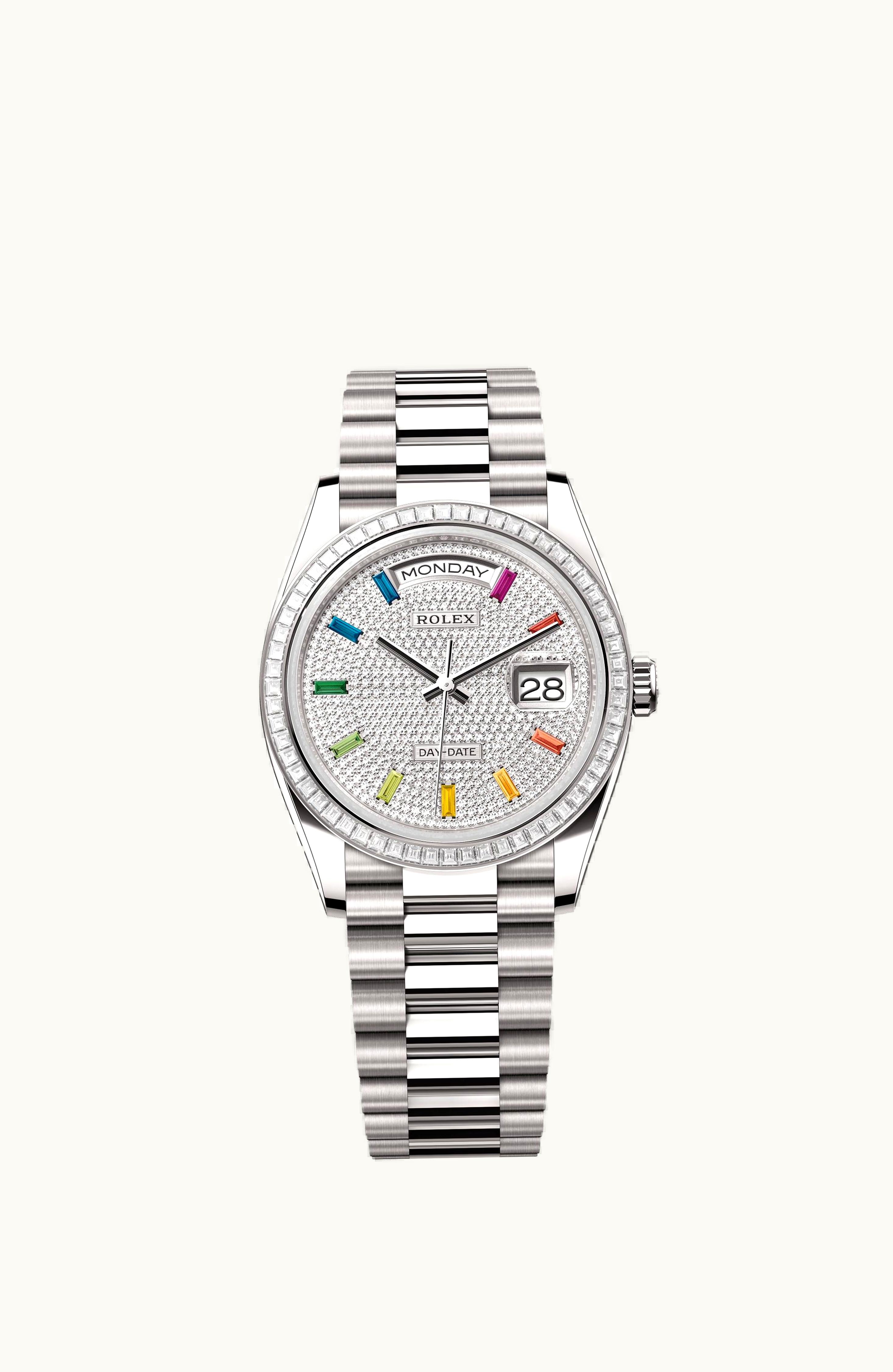 Rolex Day-Date 36 Whtie Gold - Baguette / Paved - Rainbow / President