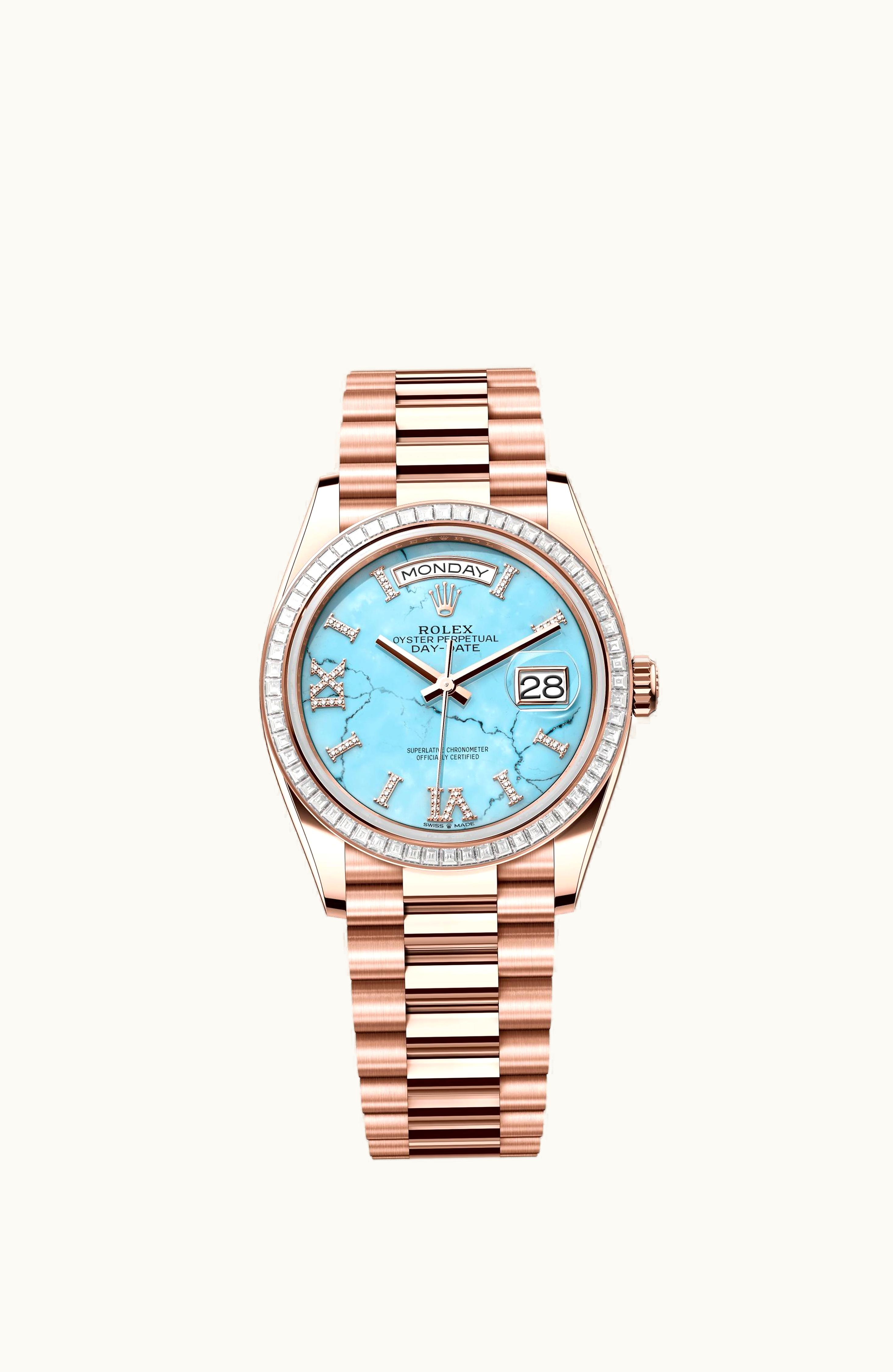 Rolex Day-Date 36 Everose Gold - Baguette / Turquoise / President - Diamond