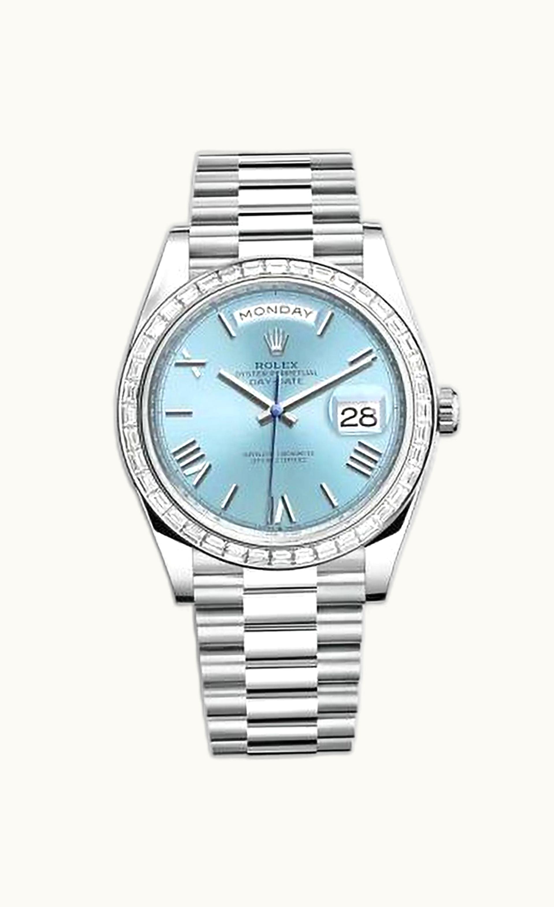 Rolex Day-Date 40 Platinum - Baguette / Ice Blue - Roman
