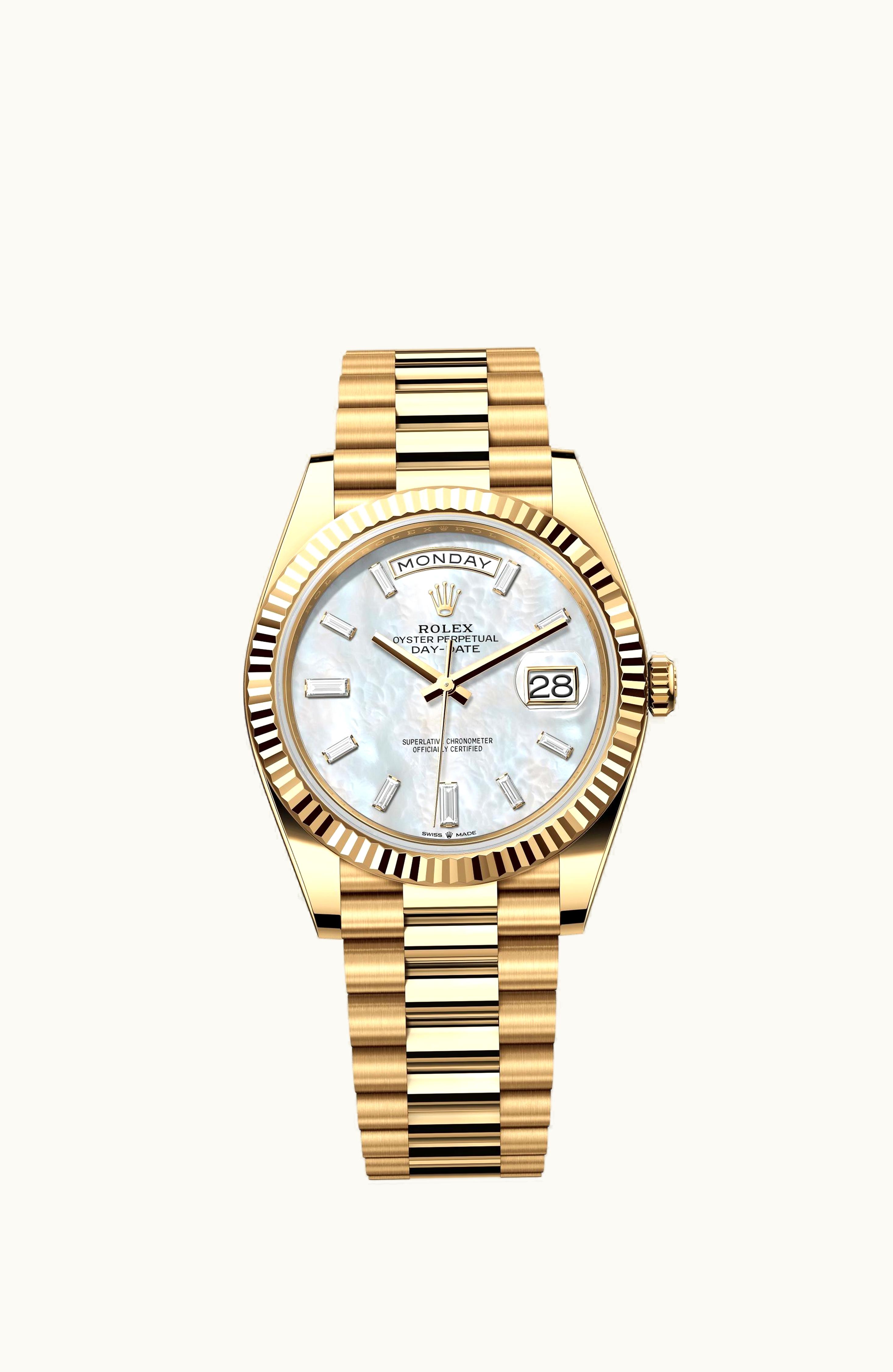 Rolex Day-Date 40 Yellow Gold - Fluted / MOP - Baguette