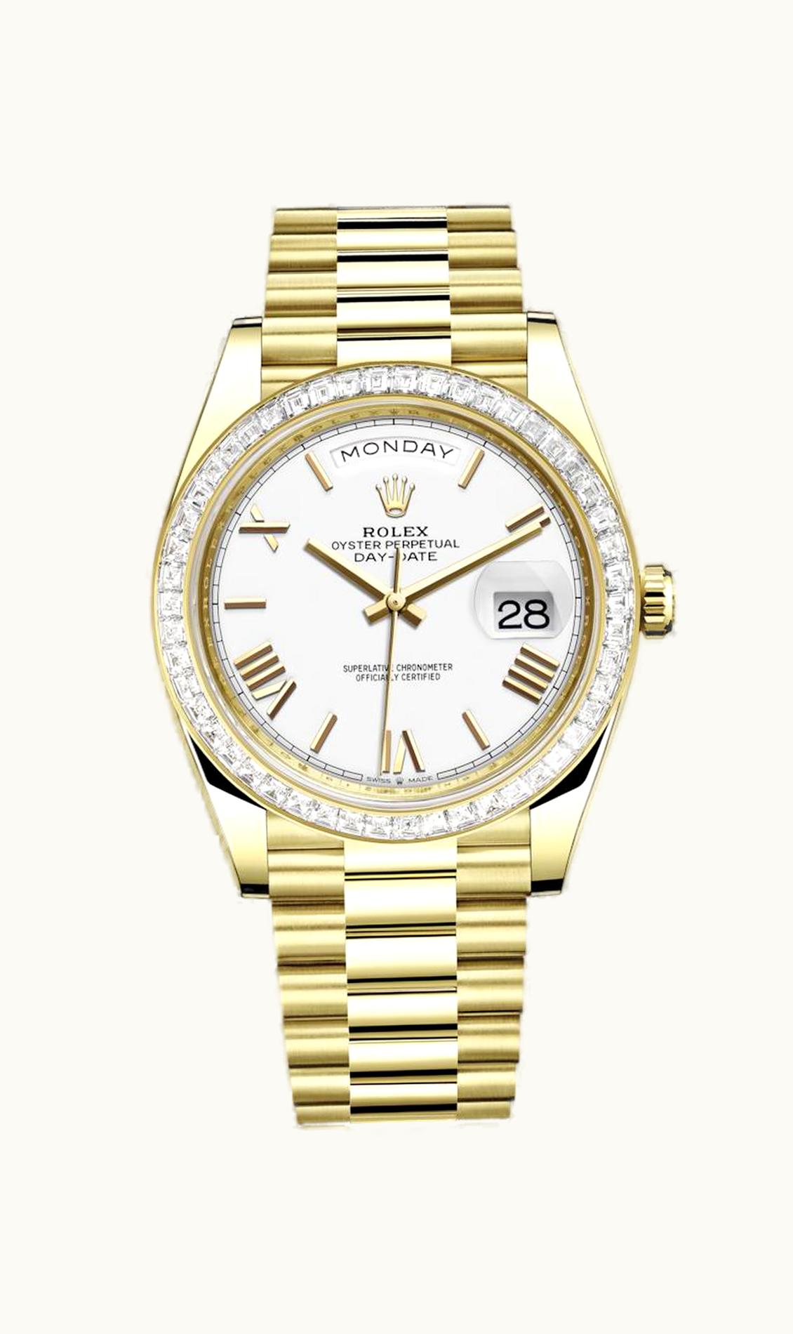 Rolex Day-Date 40 Yellow Gold / Baguette / White - Roman