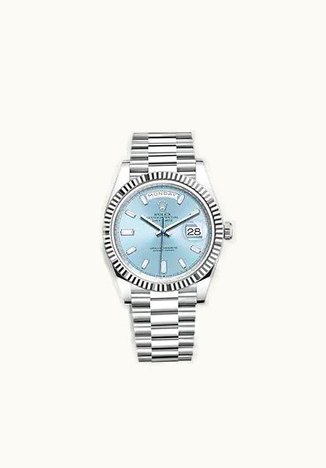 Rolex Day-Date 40 Platinum - Fluted / Ice Blue - Baguette