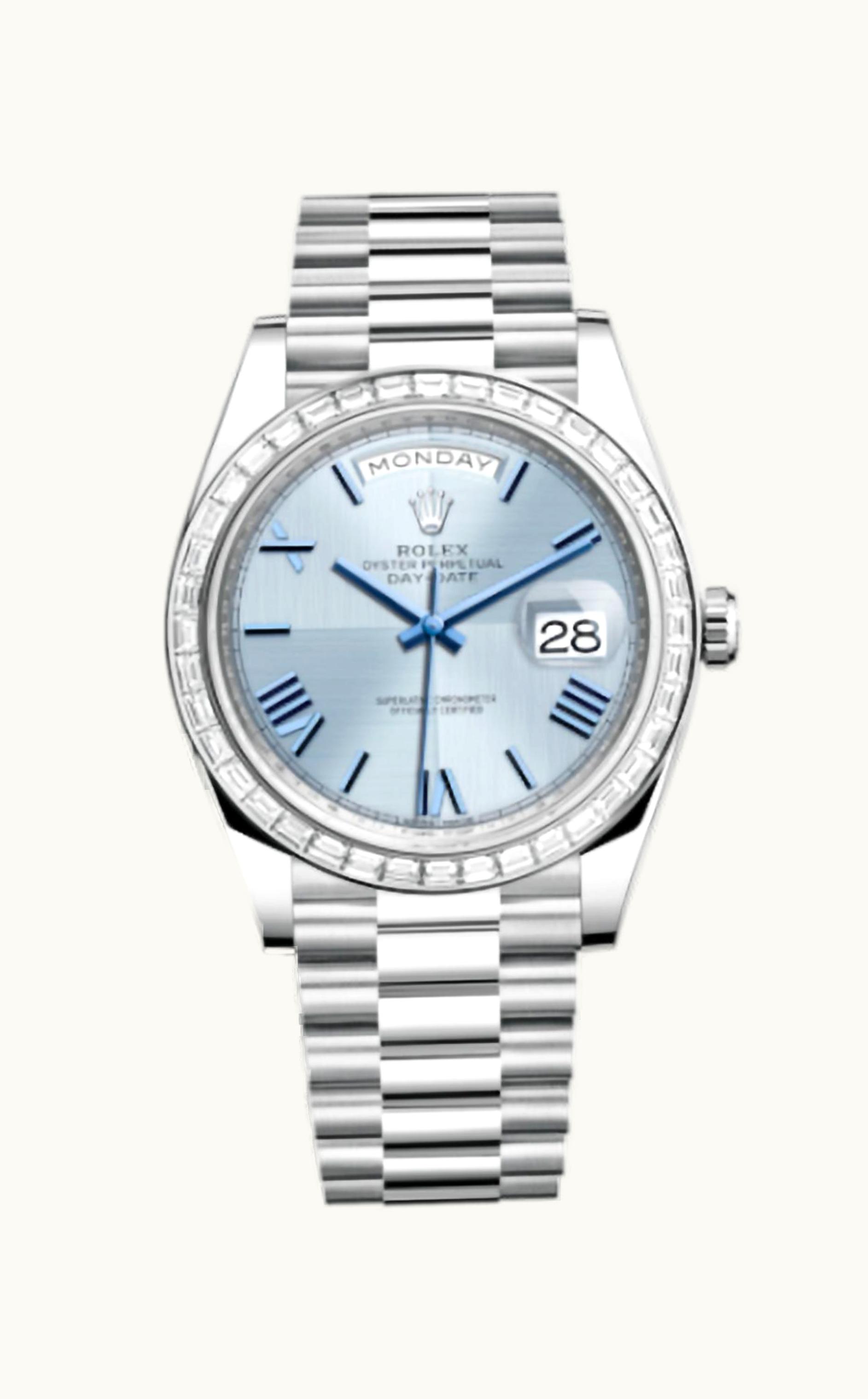 Rolex Day-Date 40 Platinum - Baguette / Ice Blue Quadrant