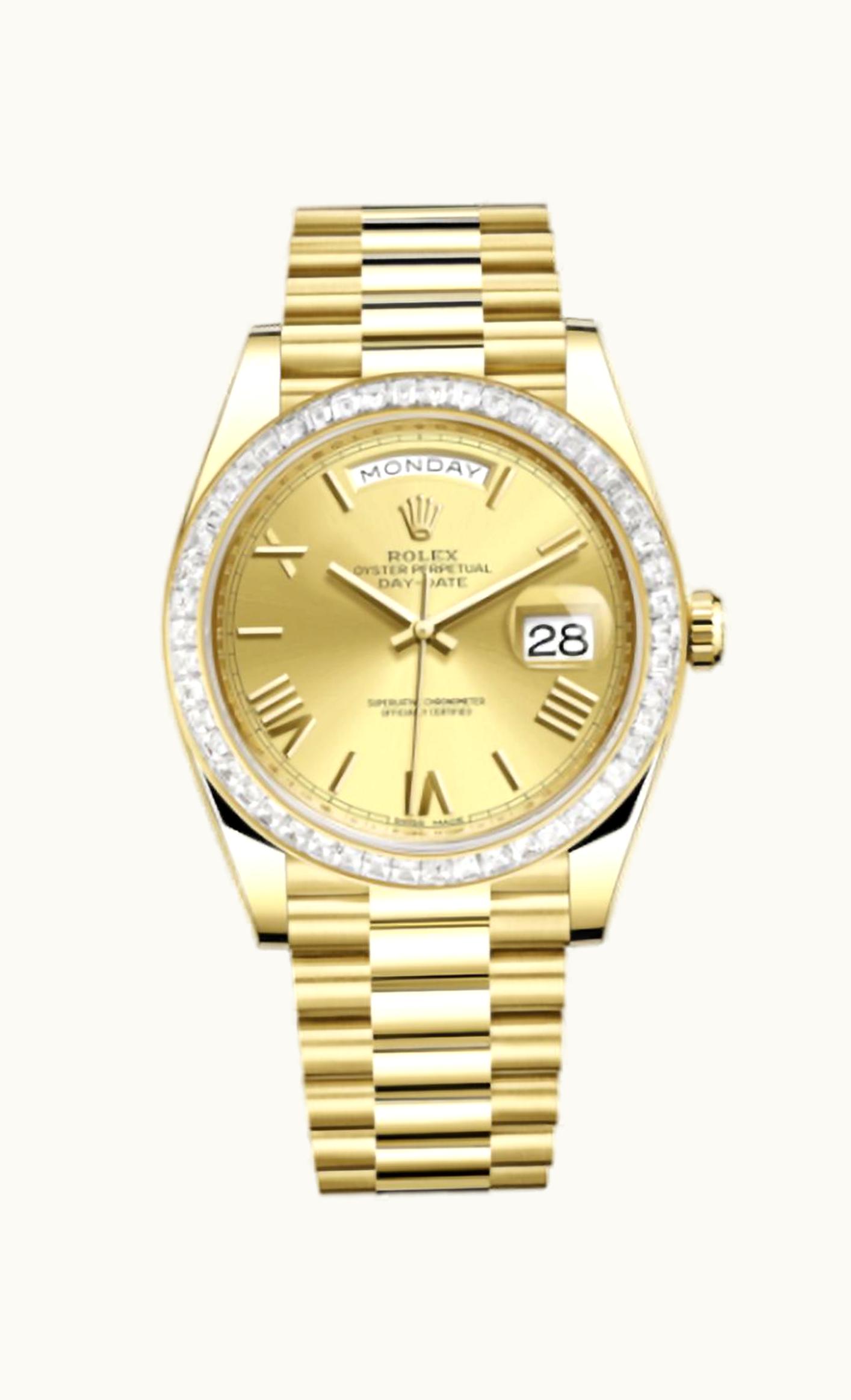 Rolex Day-Date 40 Yellow Gold - Baguette / Champagne - Roman