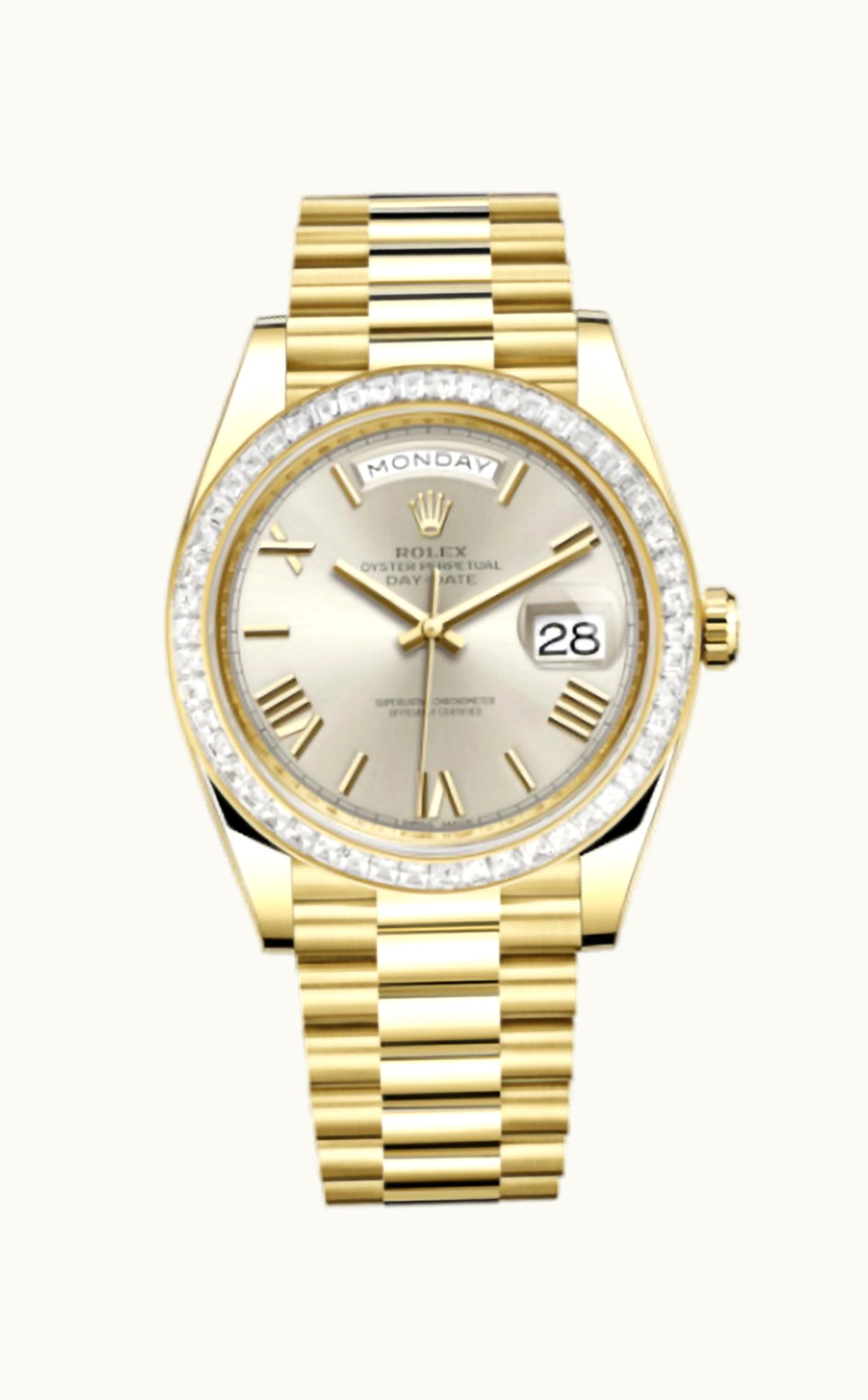 Rolex Day-Date 40 Yellow Gold - Baguette / Silver - Roman