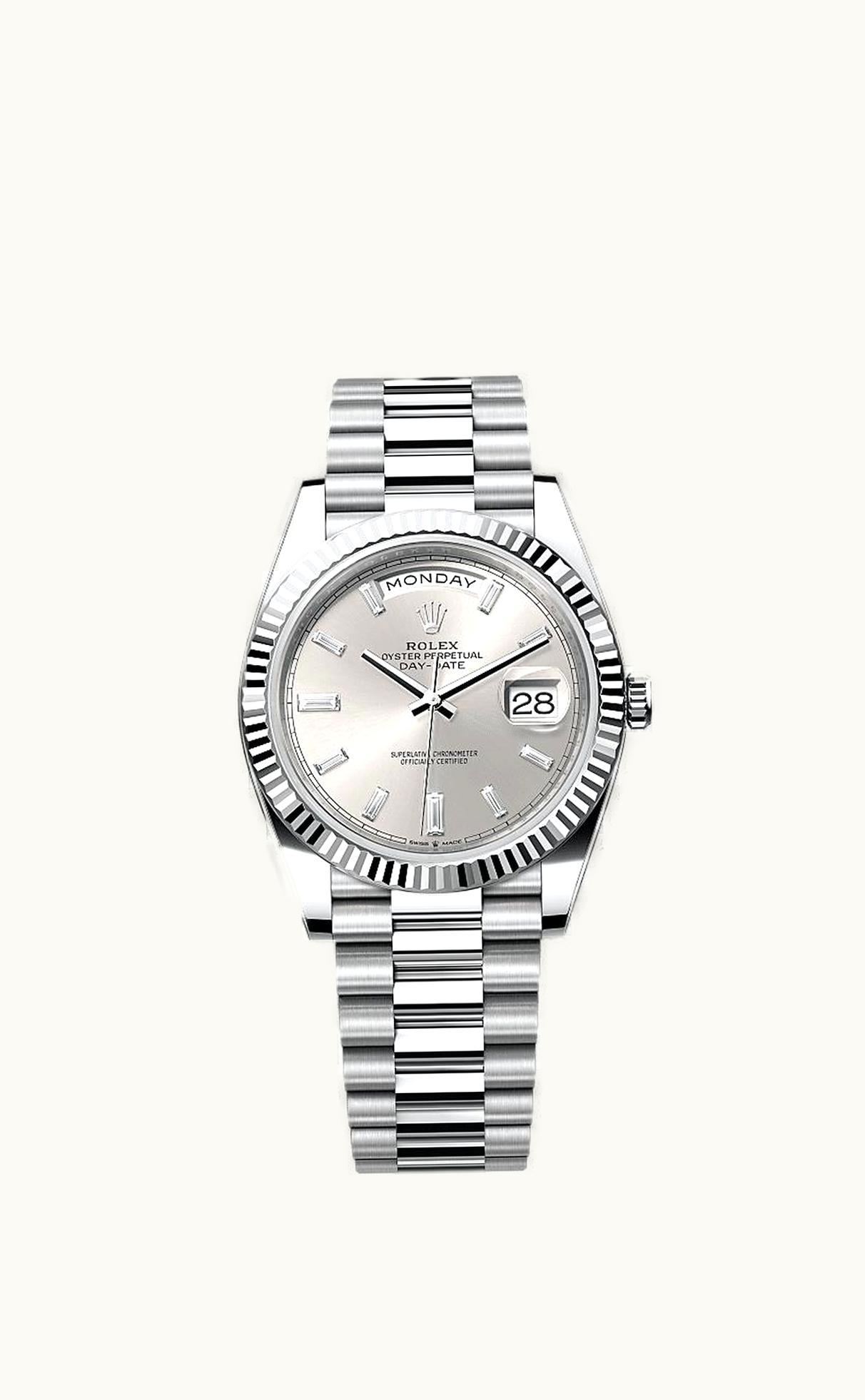 Rolex Day-Date 40 Platinum - Fluted / Silver - Baguette