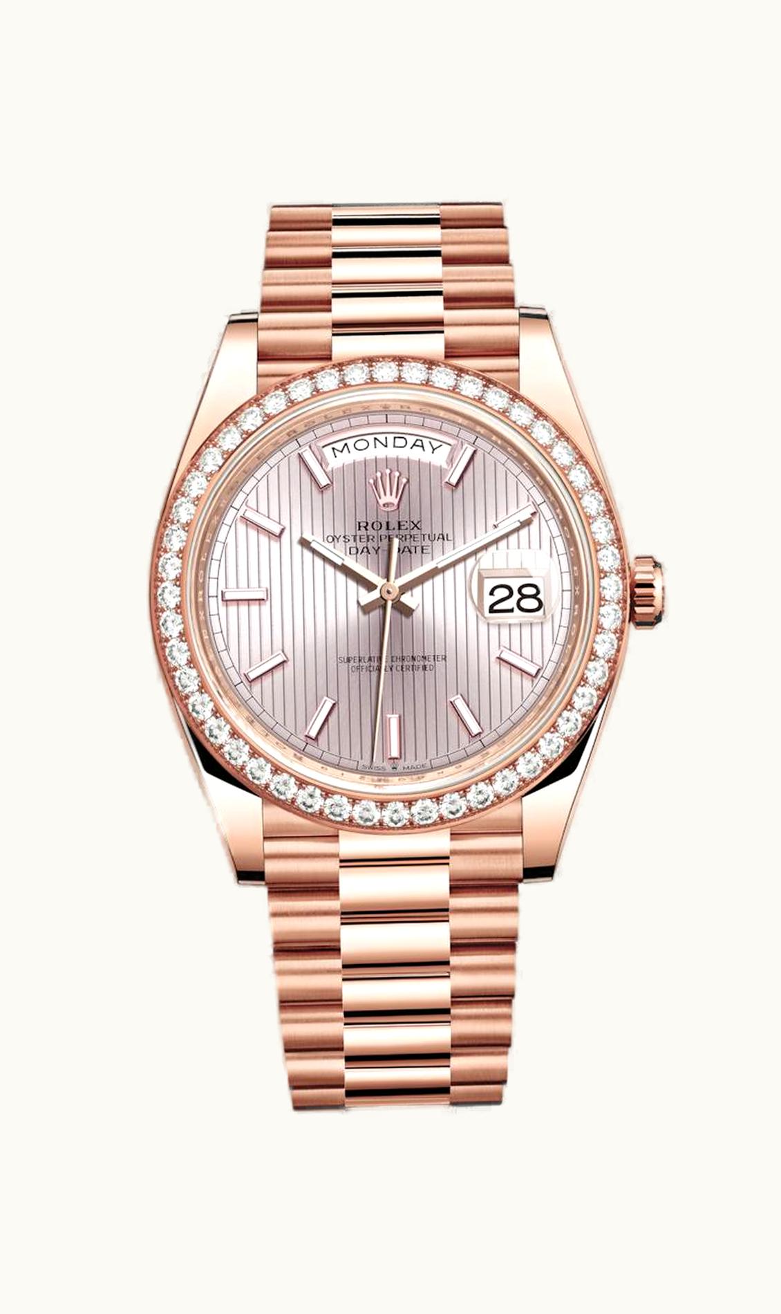 Rolex Day-Date 40 Everose / Diamond / Sundust - Stripe Motif