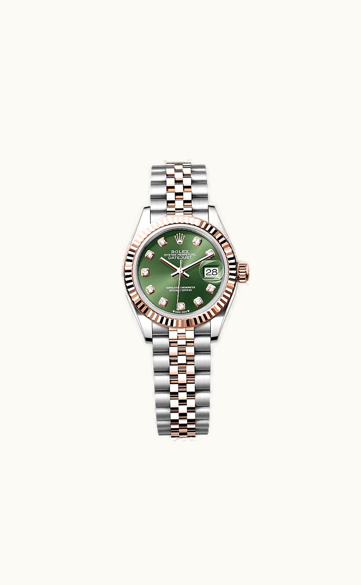 Rolex Lady-Datejust 28 Rolesor Rose Fluted / Jubilee / Olive Diamonds