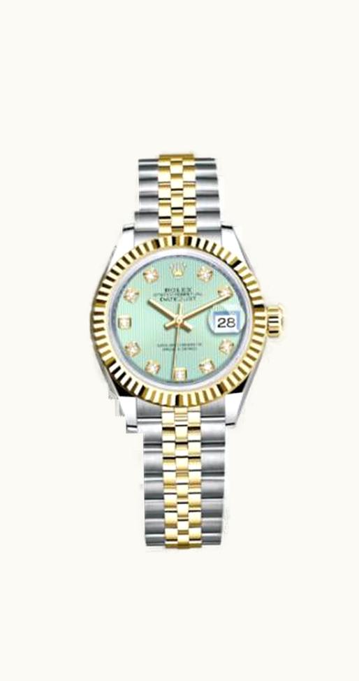 Rolex Lady-Datejust 28 Rolesor Yellow Fluted / Jubilee / Mint Green Tuxedo