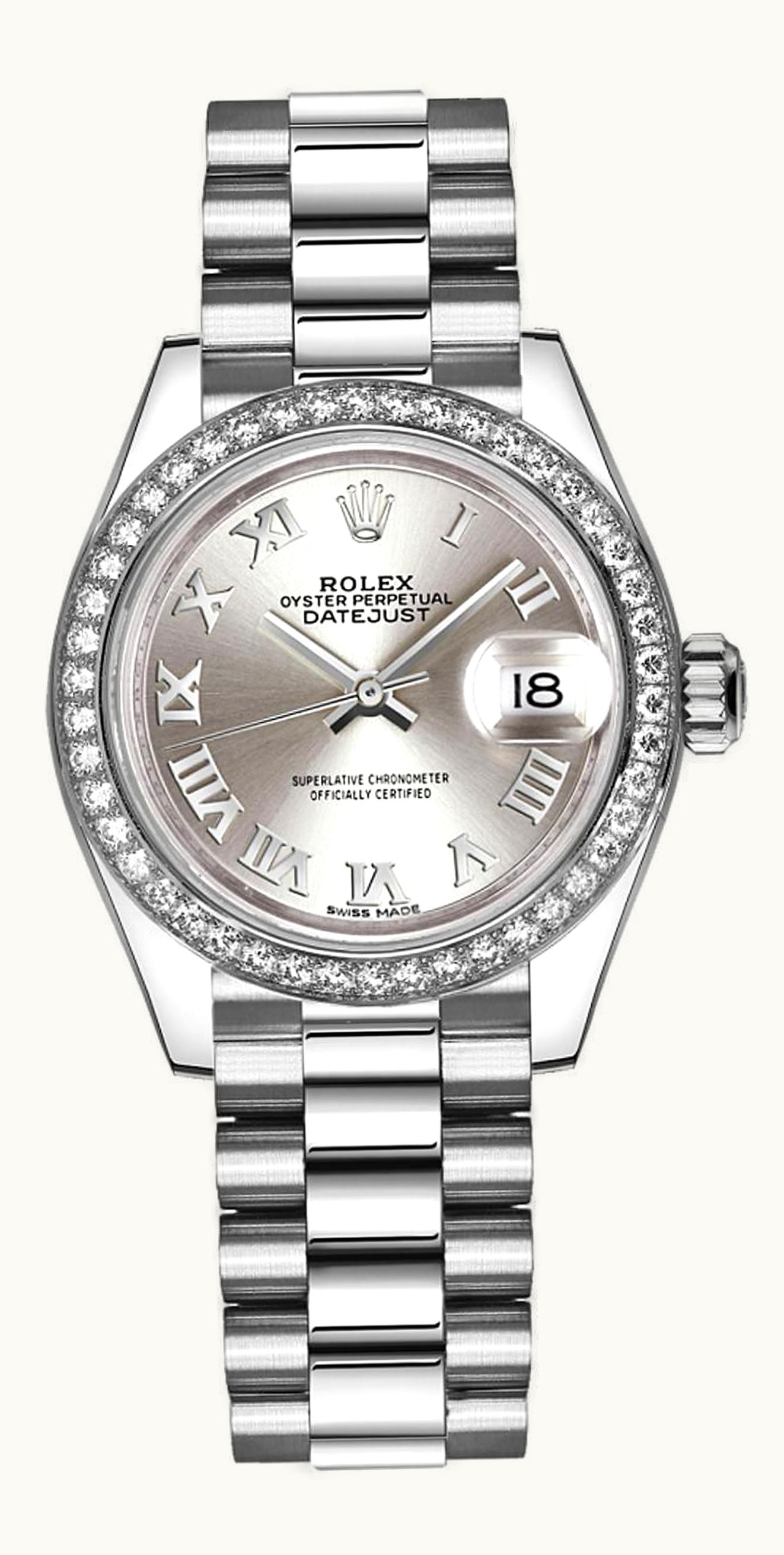Rolex Lady-Datejust 28 Platinum Diamond / President / Silver Roman
