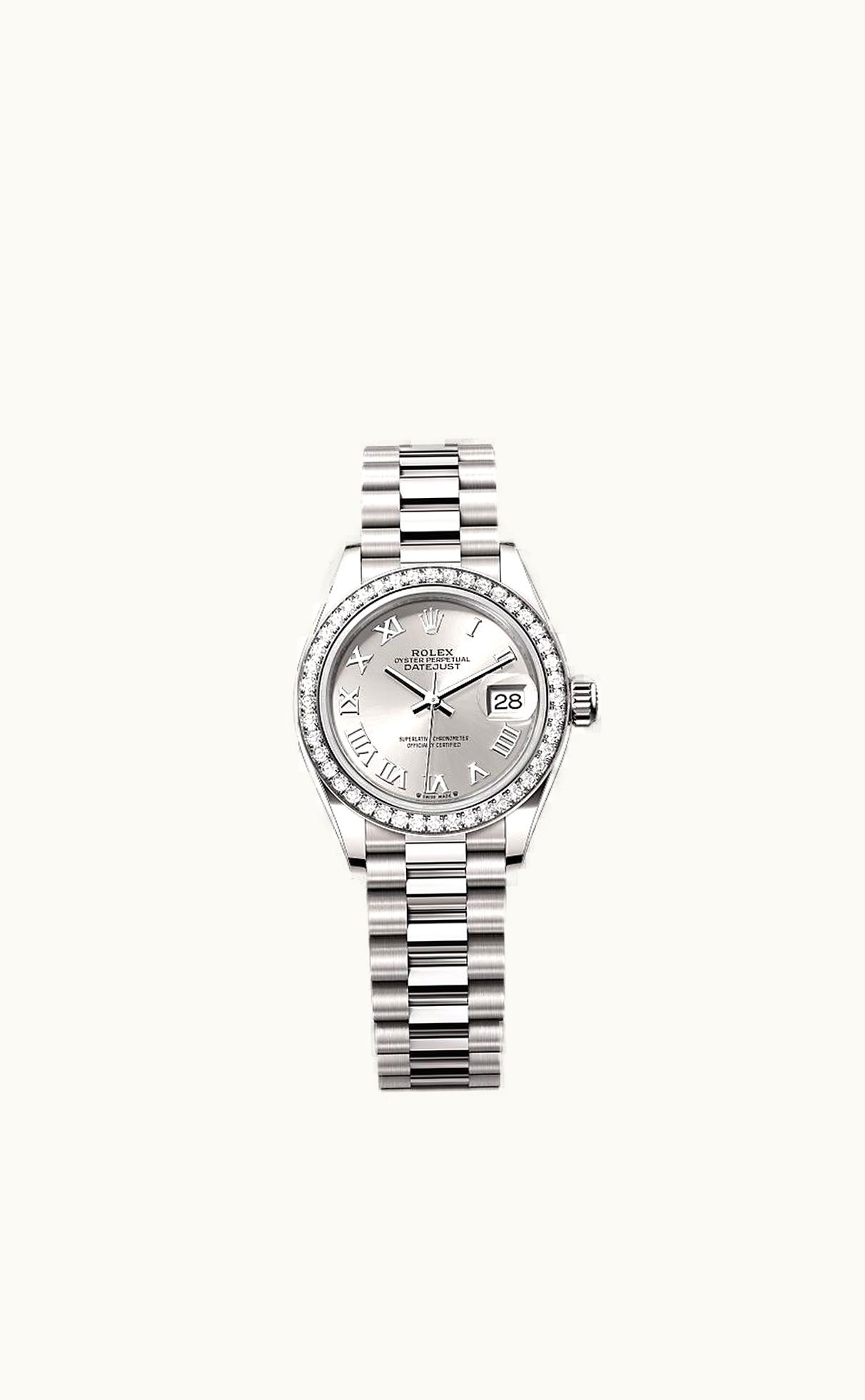 Rolex Lady-Datejust 28 White Gold - Diamond / President / Silver - Roman