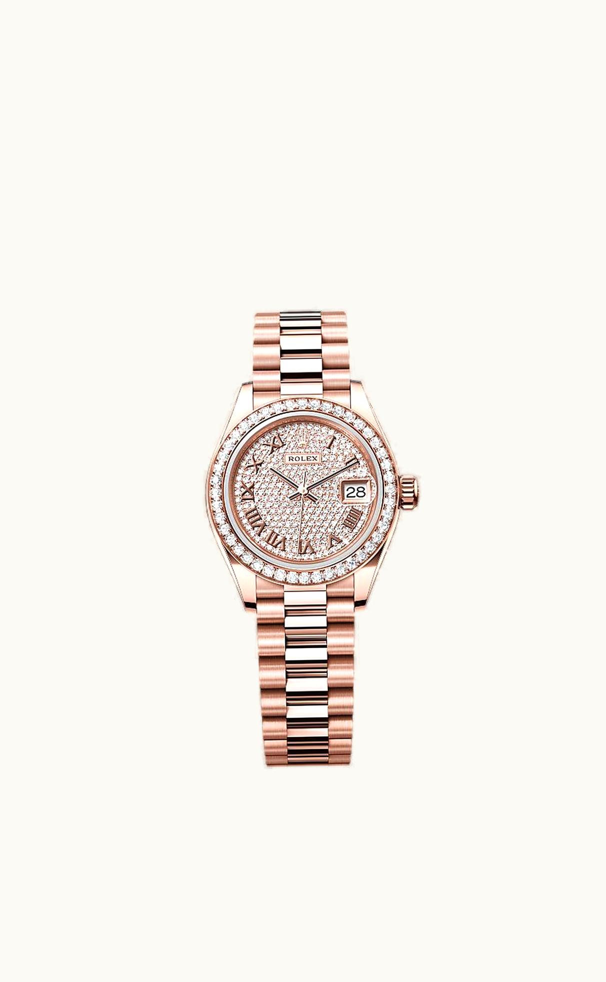 Rolex Lady-Datejust 28 Everose Diamond / President / Paved Roman