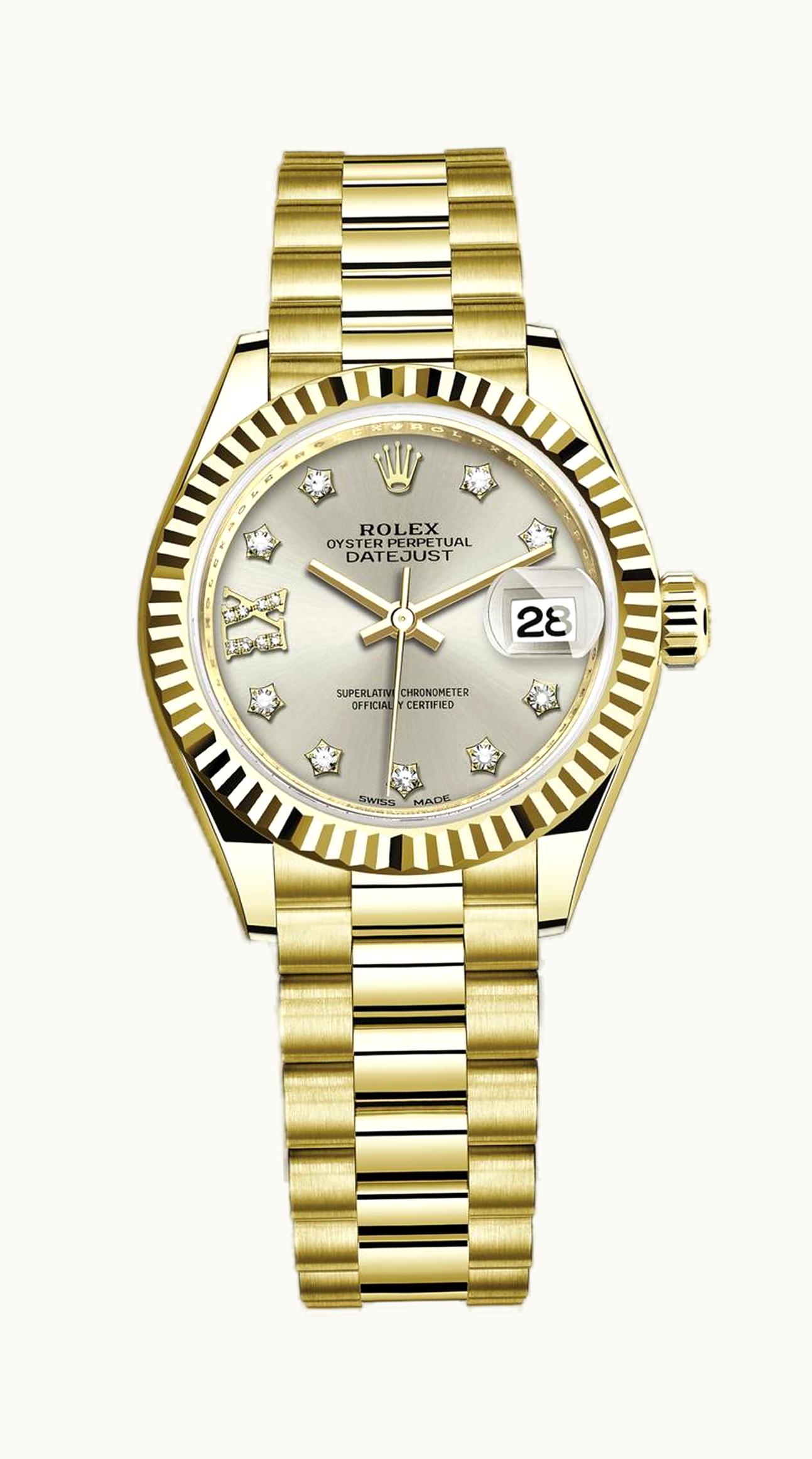 Rolex Lady-Datejust 28 Yellow Gold Fluted / President / Silver Diamond