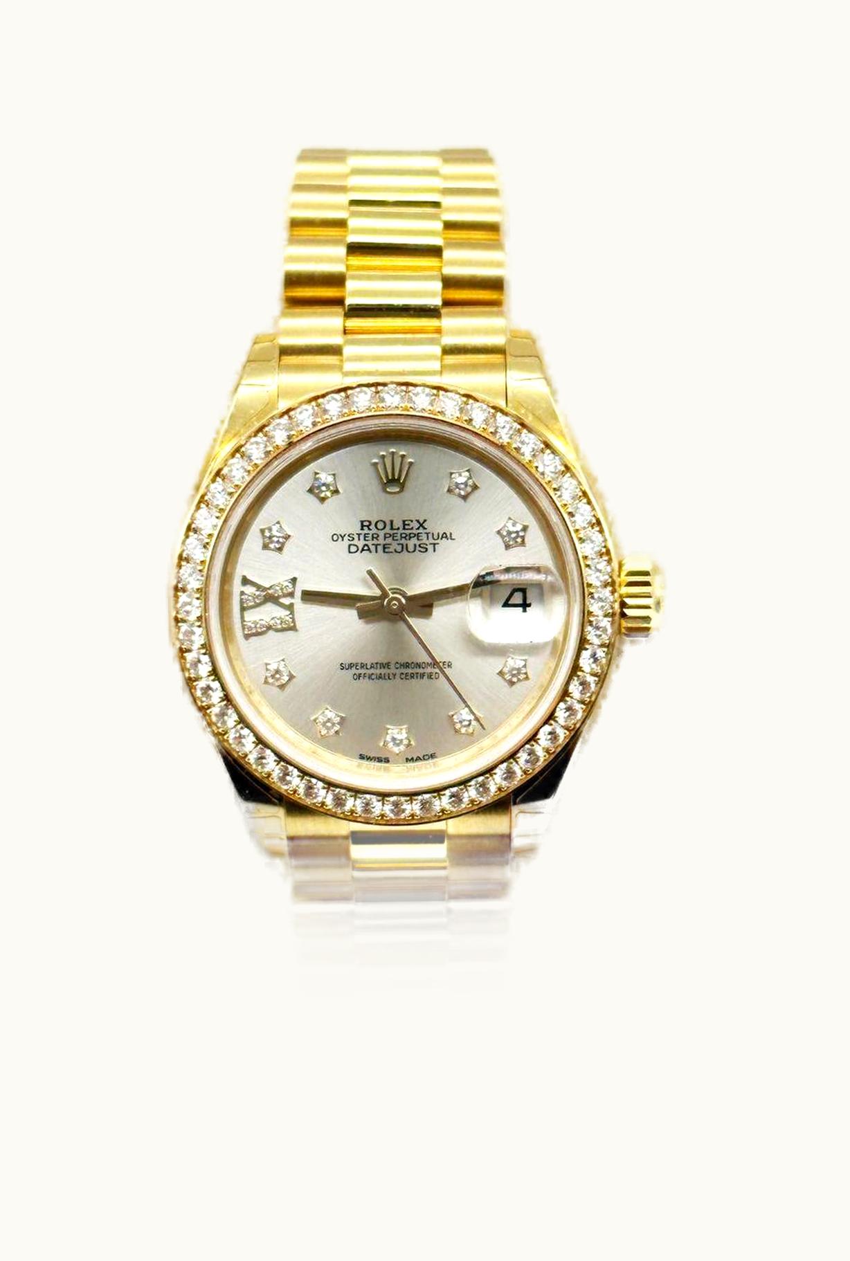 Rolex Lady-Datejust 28 Yellow Gold Diamond / President / Silver Roman
