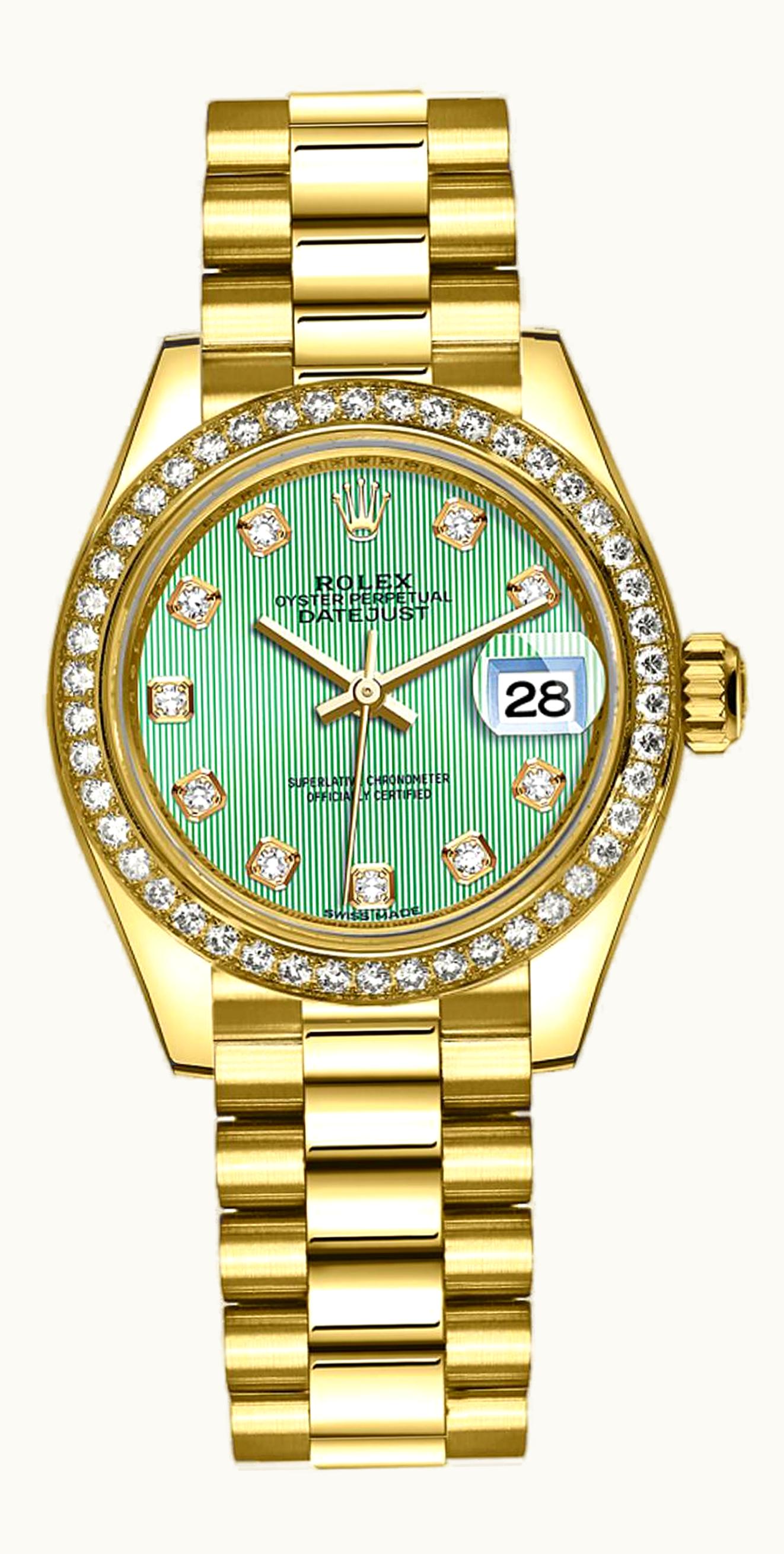 Rolex Lady-Datejust 28 Yellow Gold Diamond / President / Green Diamond