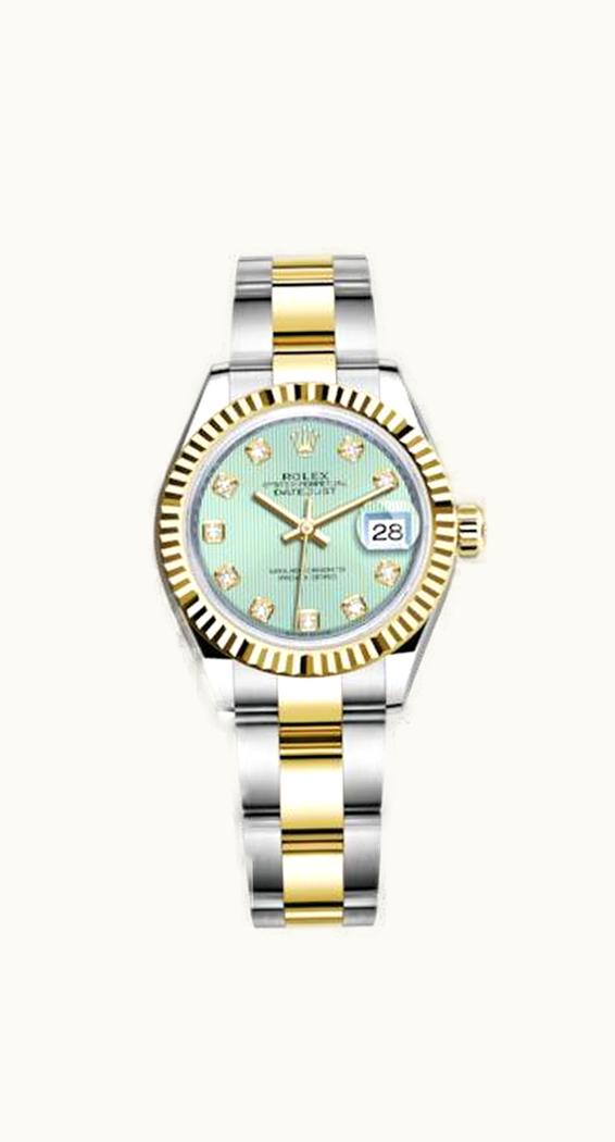 Rolex Lady-Datejust 28 Rolesor Yellow Fluted / Oyster / Mint Green Tuxedo