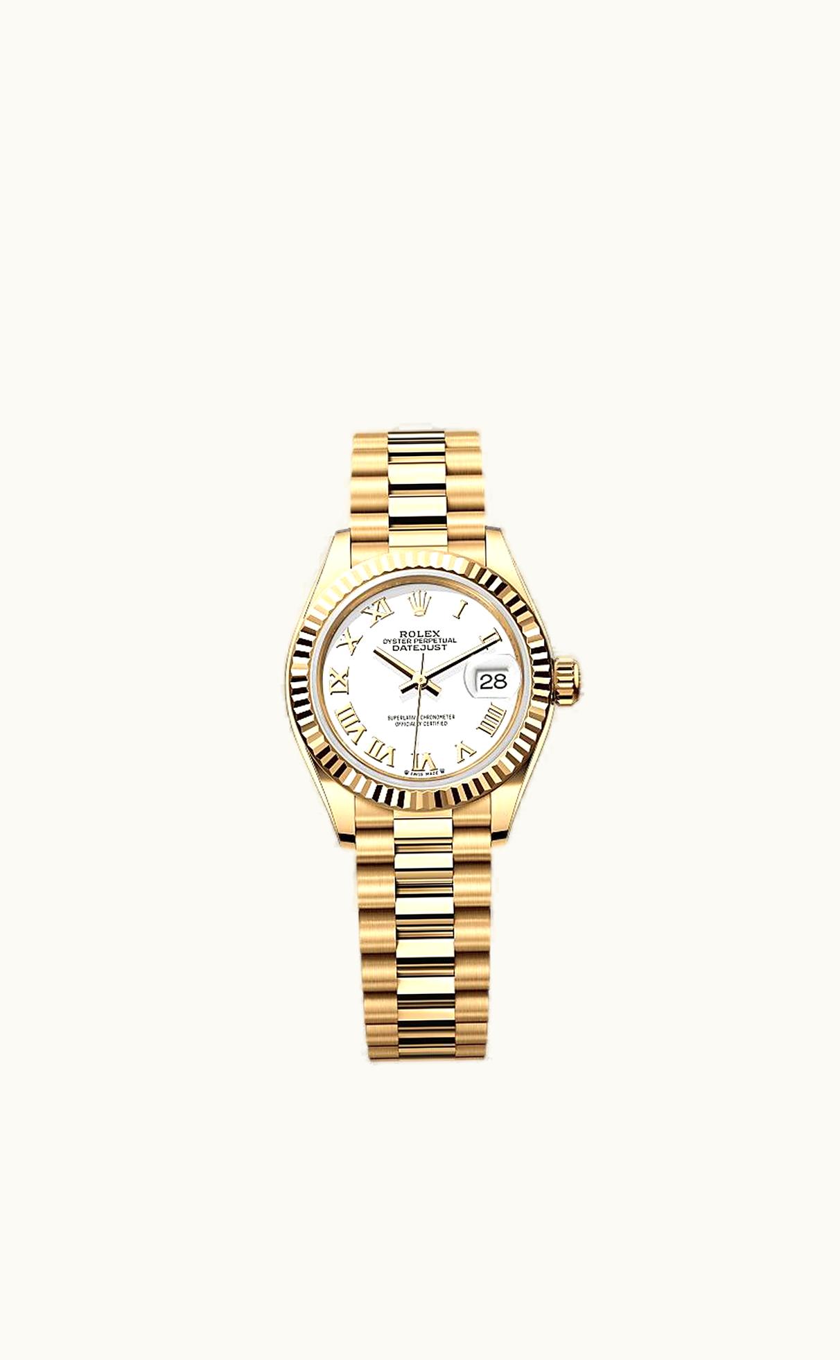 Rolex Lady-Datejust 28 Yellow Gold Fluted / President / White Roman
