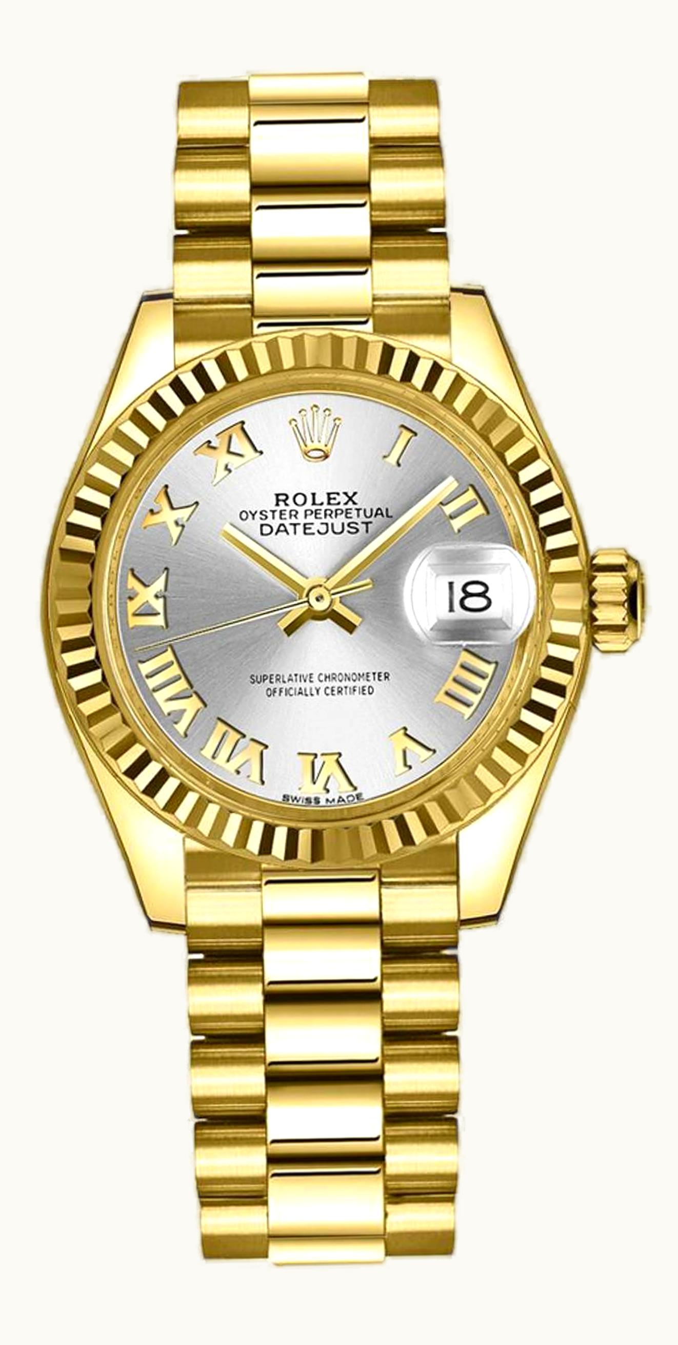 Rolex Lady-Datejust 28 Yellow Gold Fluted / President / Silver Roman