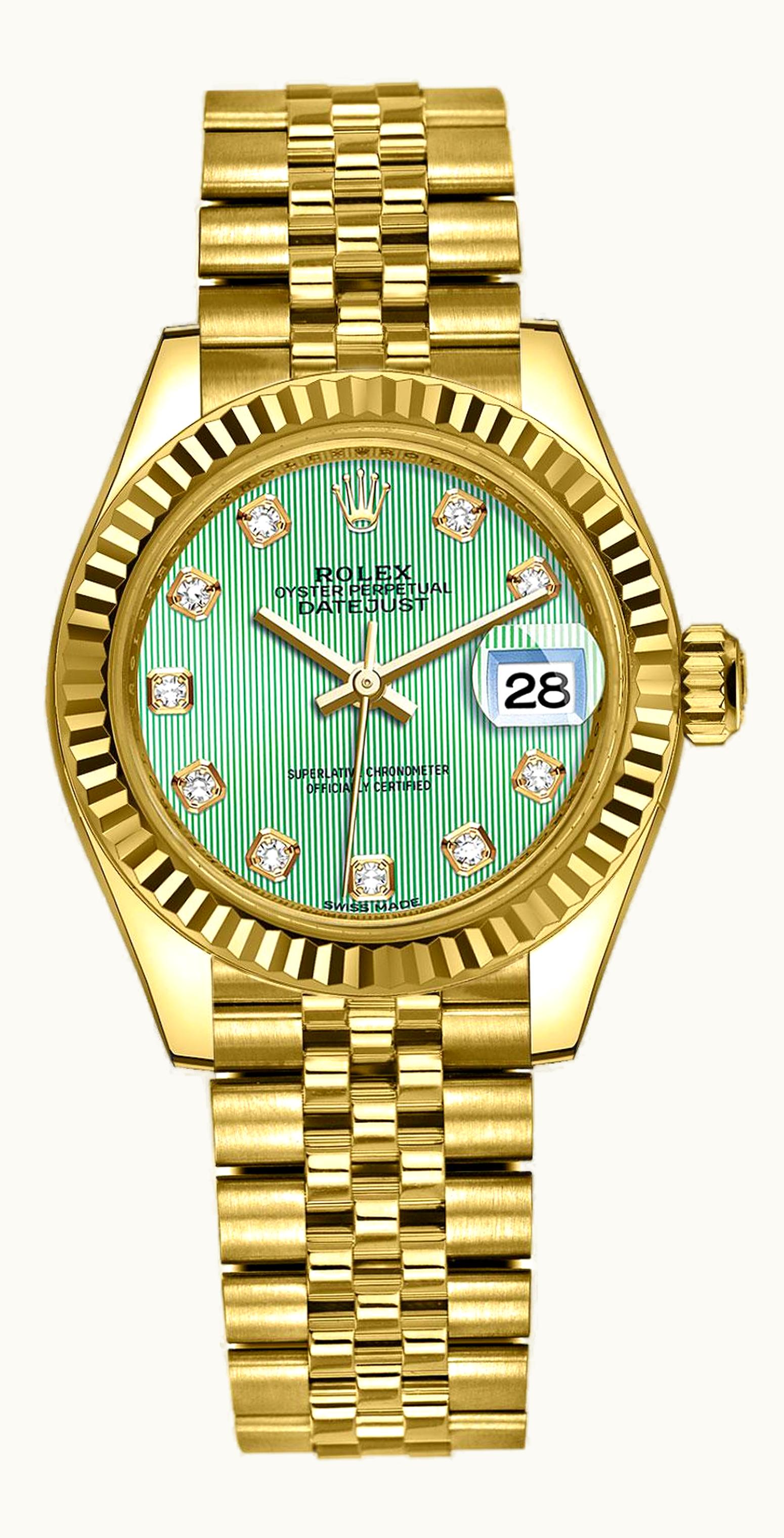Rolex Lady-Datejust 28 Yellow Gold Fluted / Jubilee / Green Diamond