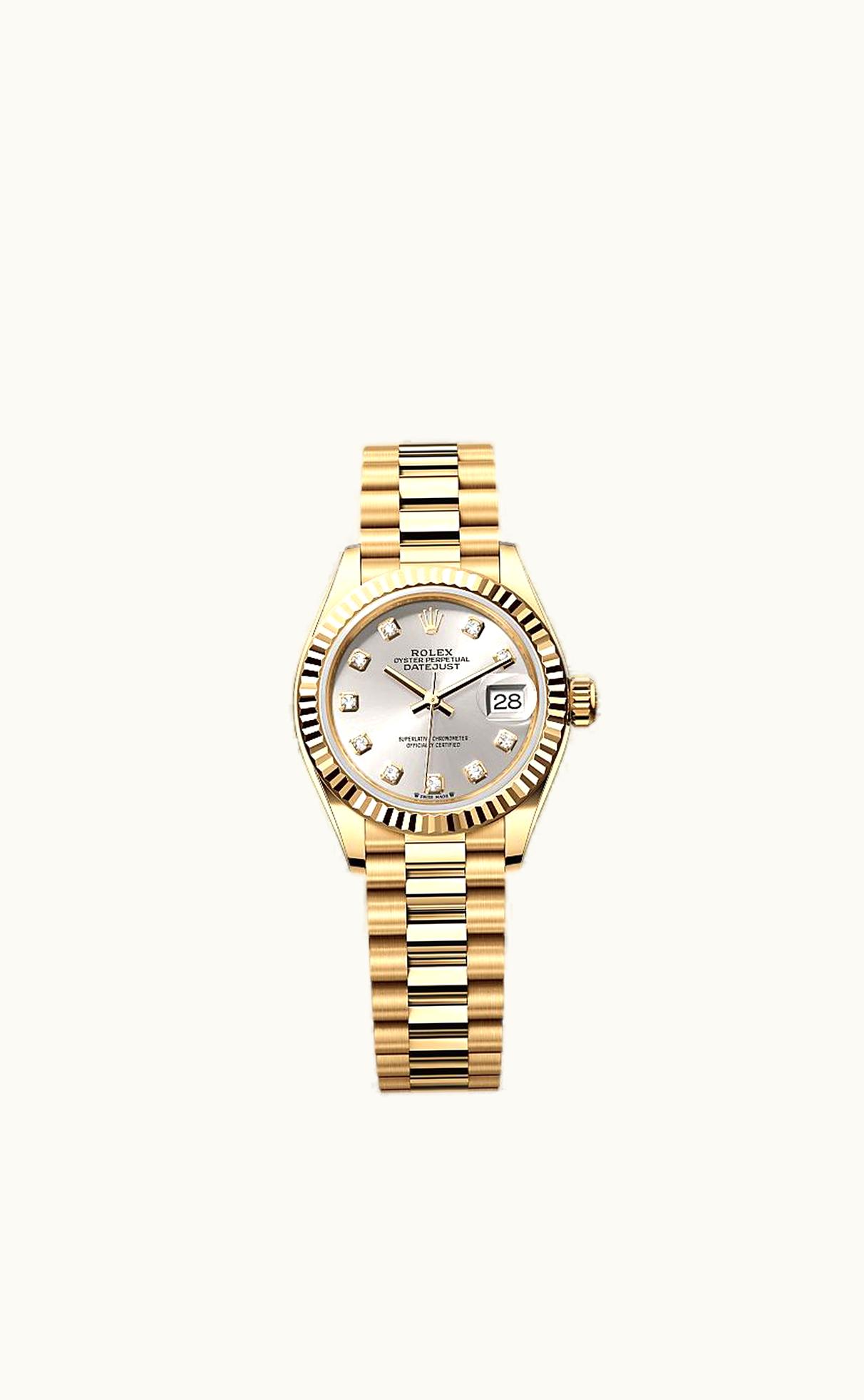 Rolex Lady-Datejust 28 Yellow Gold Fluted / President / Silver Diamond