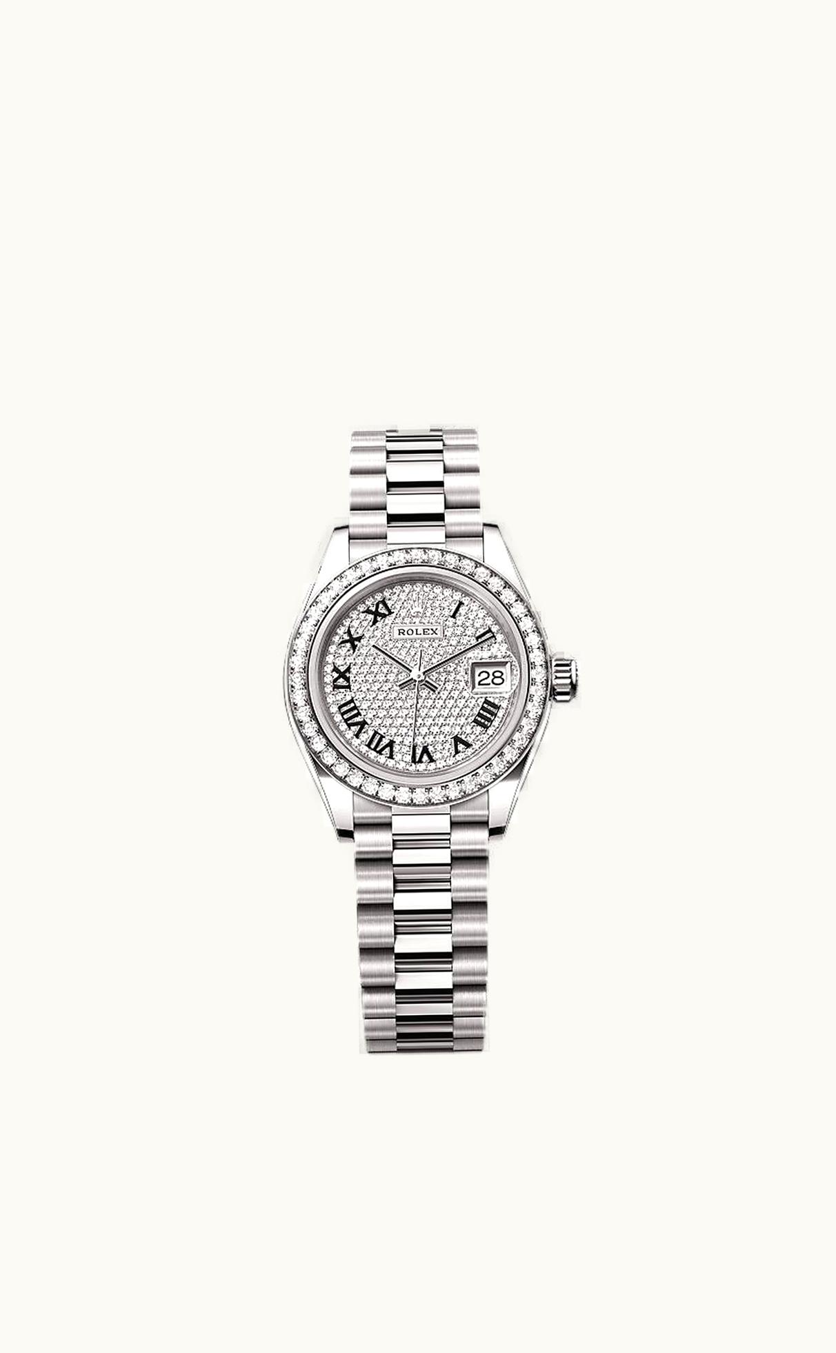 Rolex Lady-Datejust 28 White Gold - Diamond / President / Paved - Roman