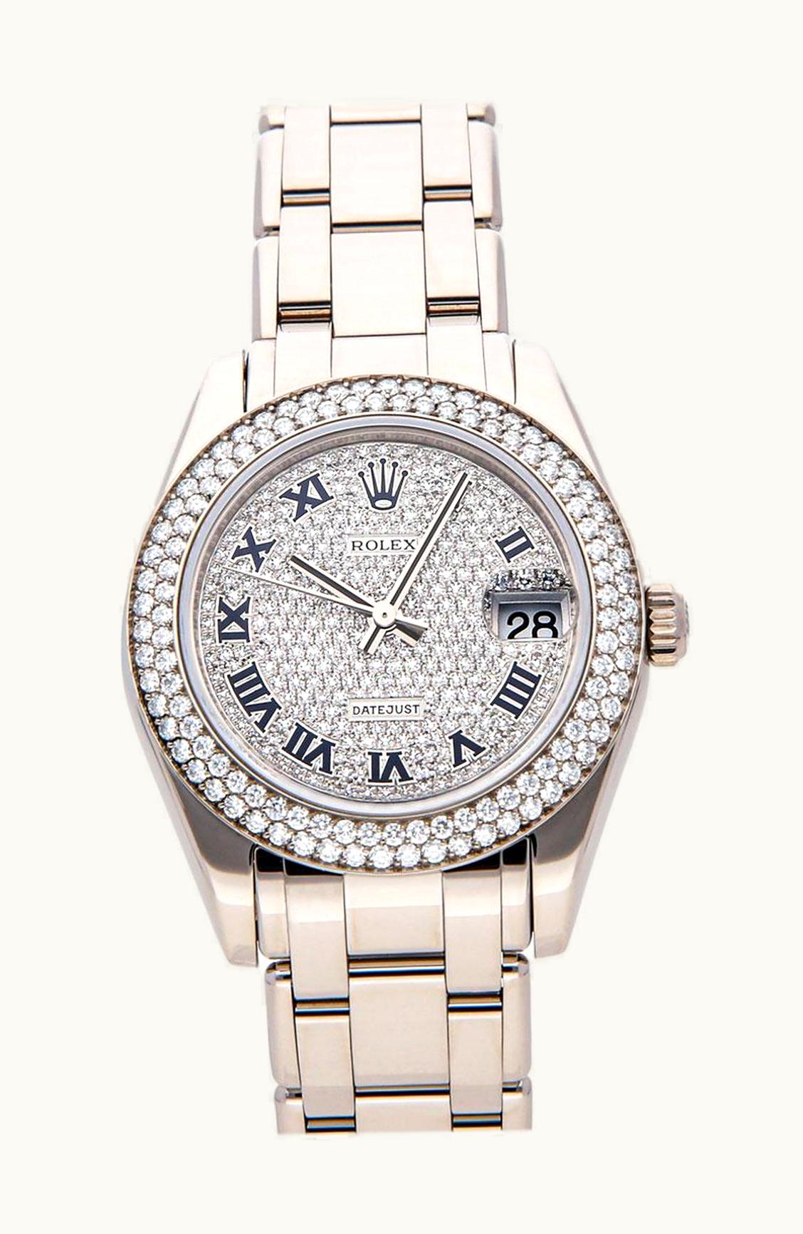 Rolex Datejust Pearlmaster 34 Yellow Gold Diamond Shoulders Black Mother of Pearl Diamonds