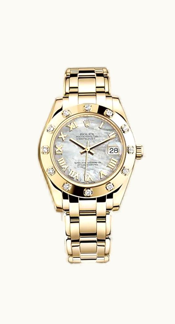Rolex Datejust Pearlmaster 34 Yellow Gold 12 Diamond Mother of Pearl Roman