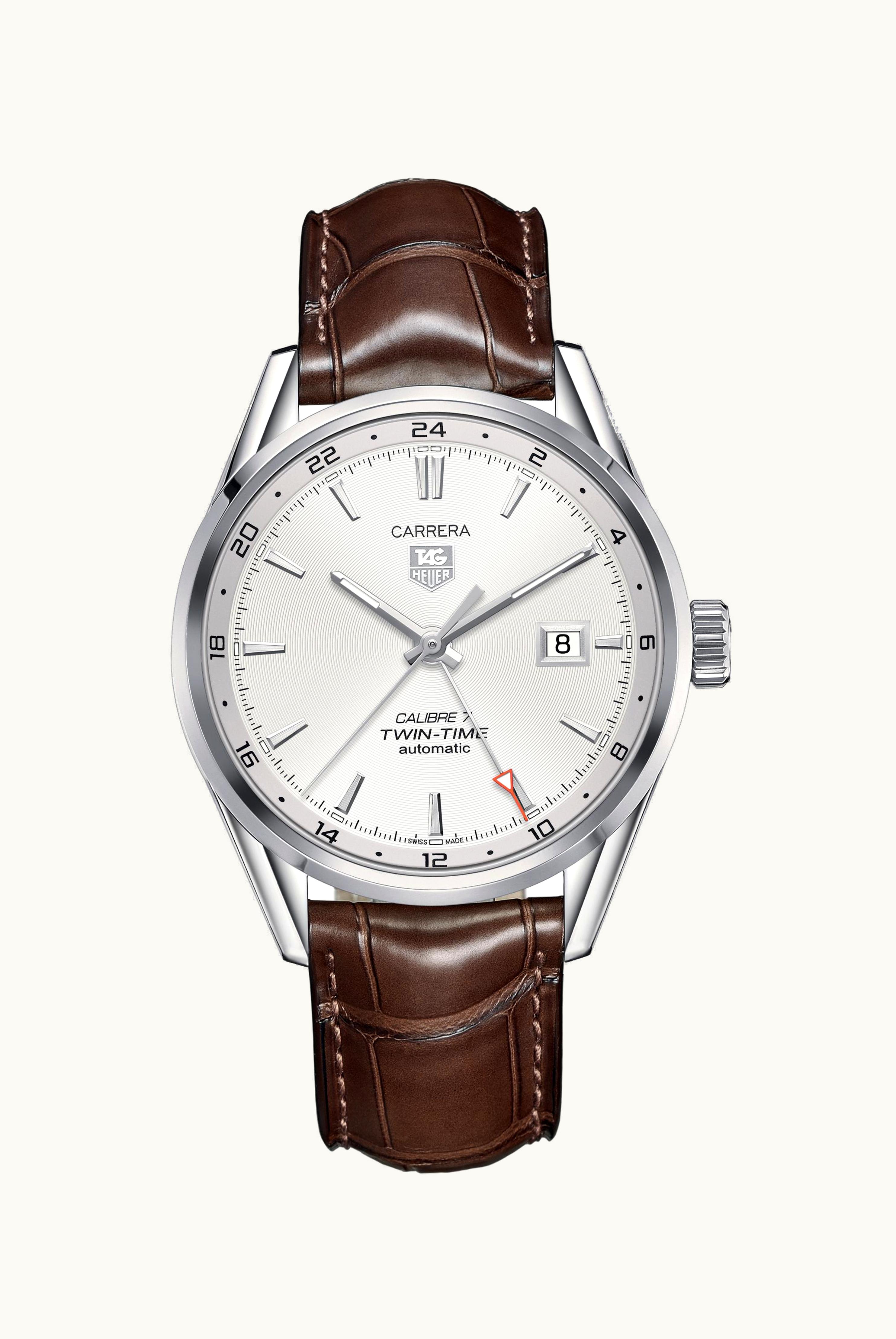 TAG Heuer Calibre 7 Twin Time Stainless Steel / Silver / Alligator