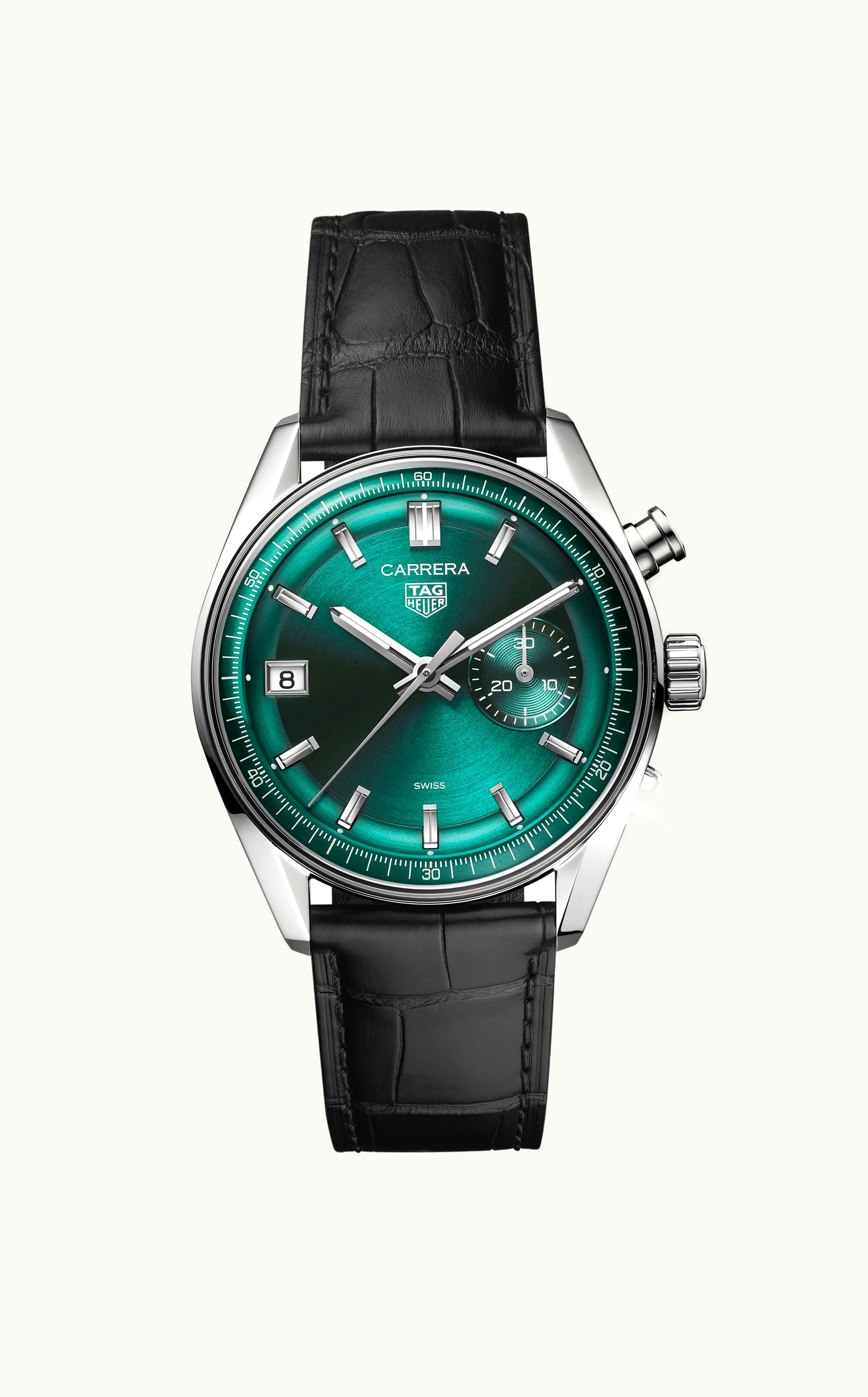 TAG Heuer Carrera Chronograph Dato Glass Box Stainless Steel / Green