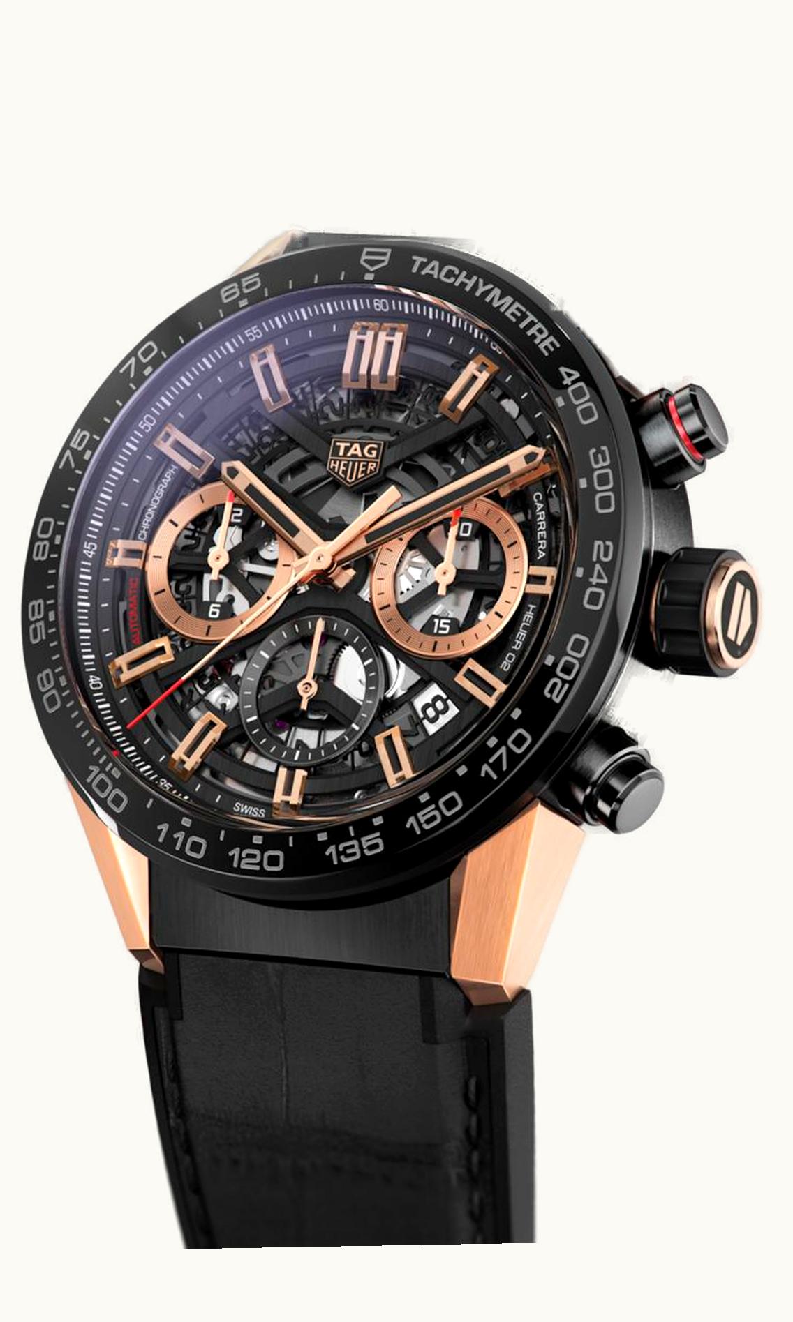 TAG Heuer Carrera Calibre Heuer 02 43 Rose Gold / Black Ceramic / Skeleton Alligator