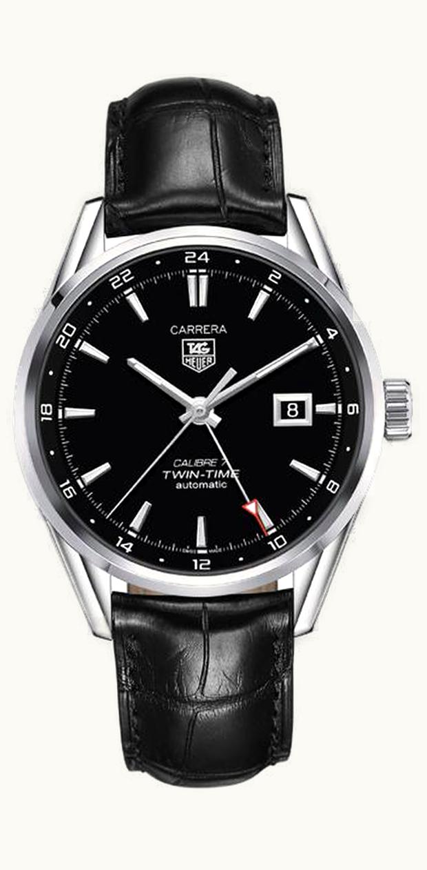 TAG Heuer Calibre 7 Twin Time Stainless Steel / Black / Alligator