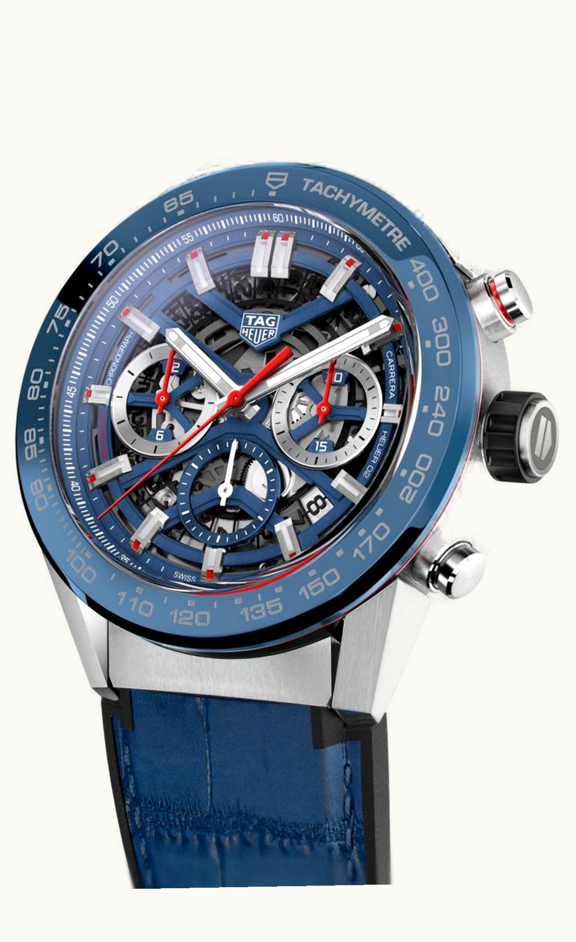 TAG Heuer Carrera Calibre Heuer 02 45 Stainless Steel / Blue Ceramic / Skeleton / Alligator