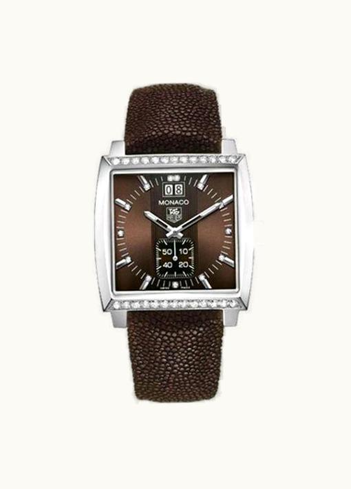 TAG Heuer Monaco Quartz Big Date Stainless Steel / Diamond / Brown / Galuchat