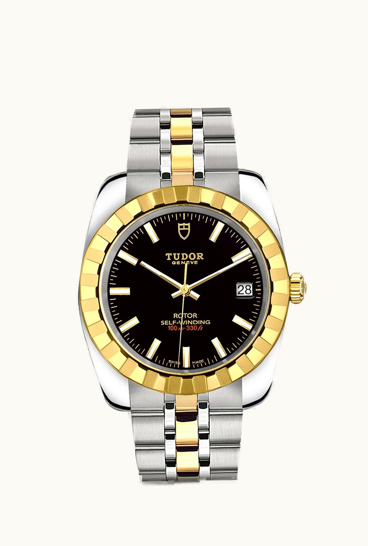 Tudor Classic 38 Stainless Steel / Yellow Gold / Fluted / Black / Bracelet