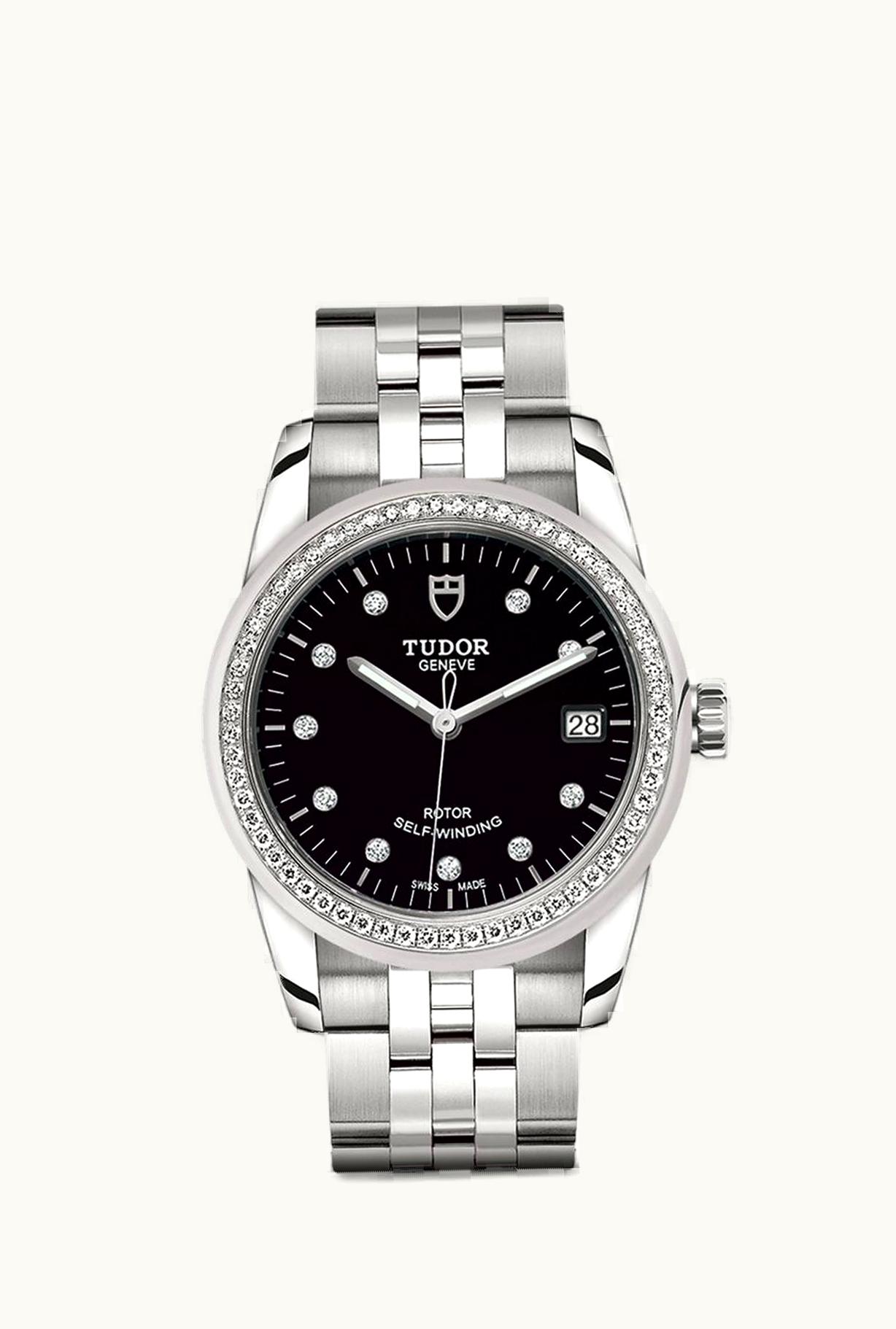 Tudor Glamour Date 36 Stainless Steel / Diamond / Black-Diamond / Bracelet