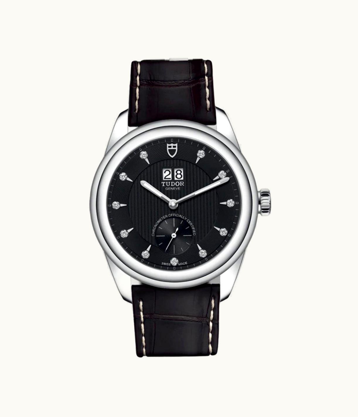 Tudor Glamour Double Date Stainless Steel / Black-Diamond / Strap