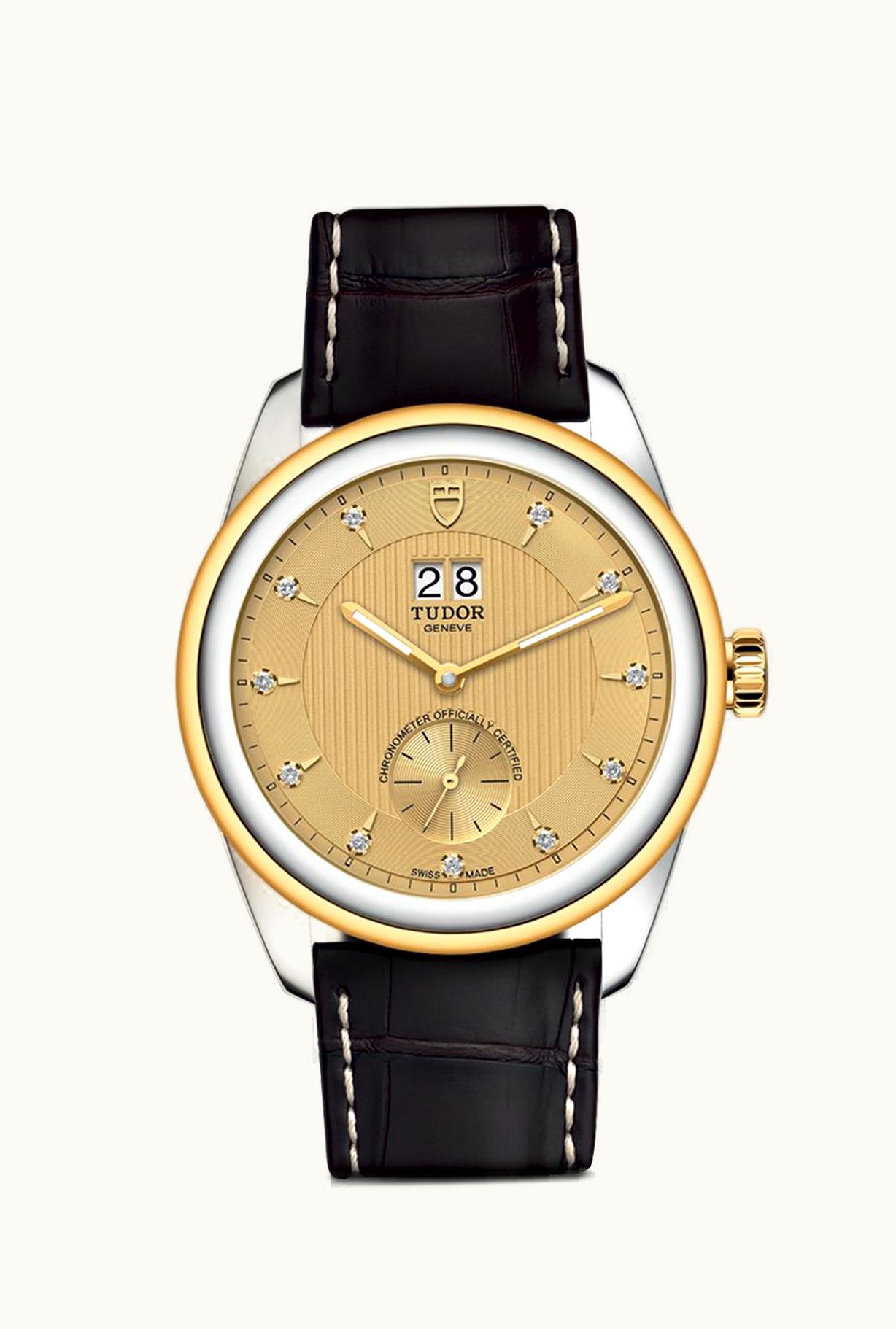 Tudor Glamour Double Date Stainless Steel / Yellow Gold / Champagne-Diamond / Strap