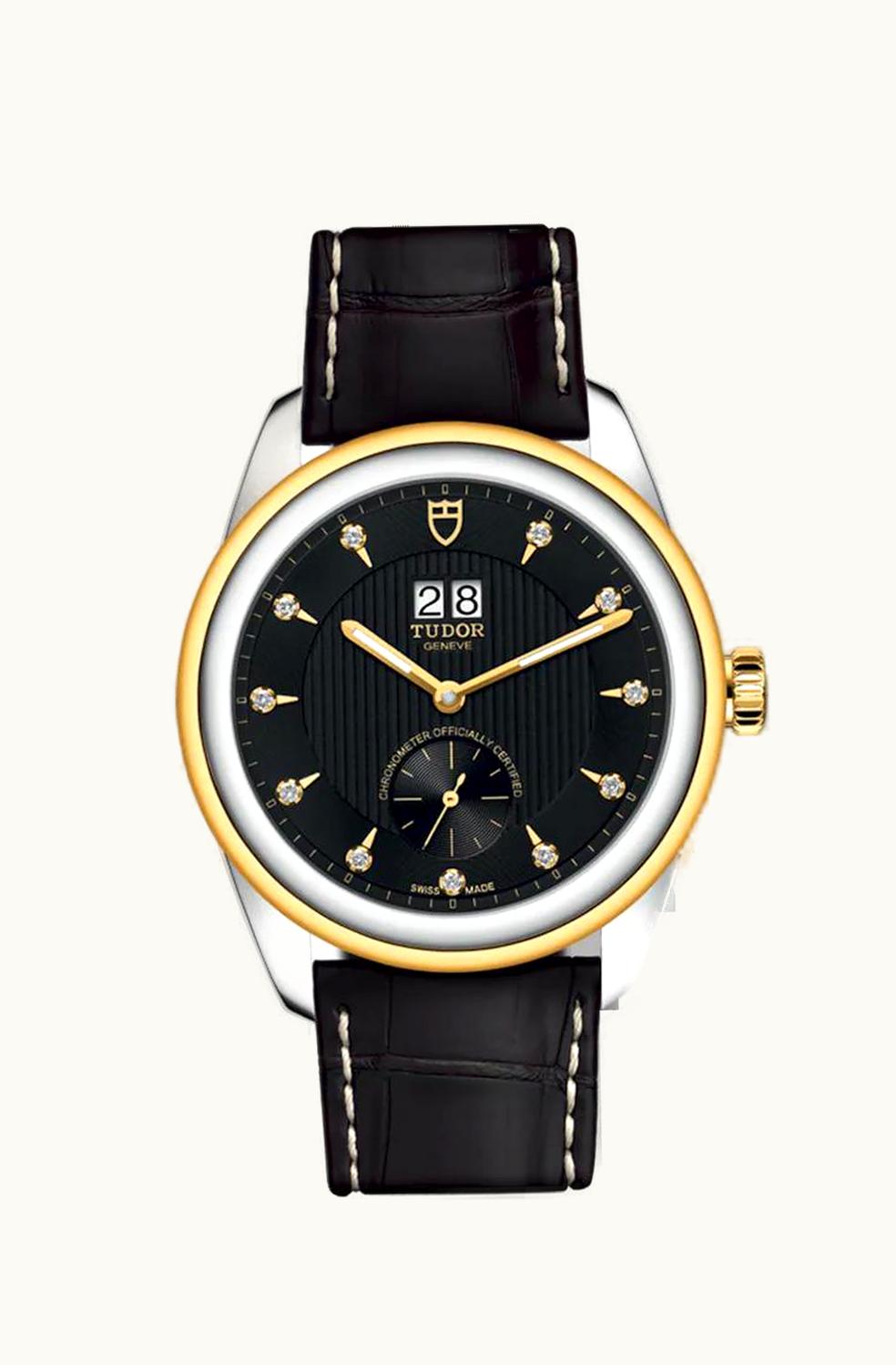 Tudor Glamour Double Date Stainless Steel / Yellow Gold / Black-Diamond / Strap