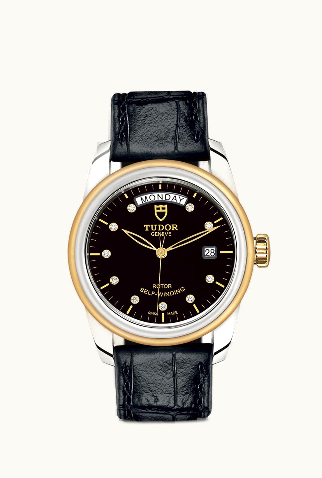 Tudor Glamour Day + Date Stainless Steel / Yellow Gold / Black-Diamond / Strap